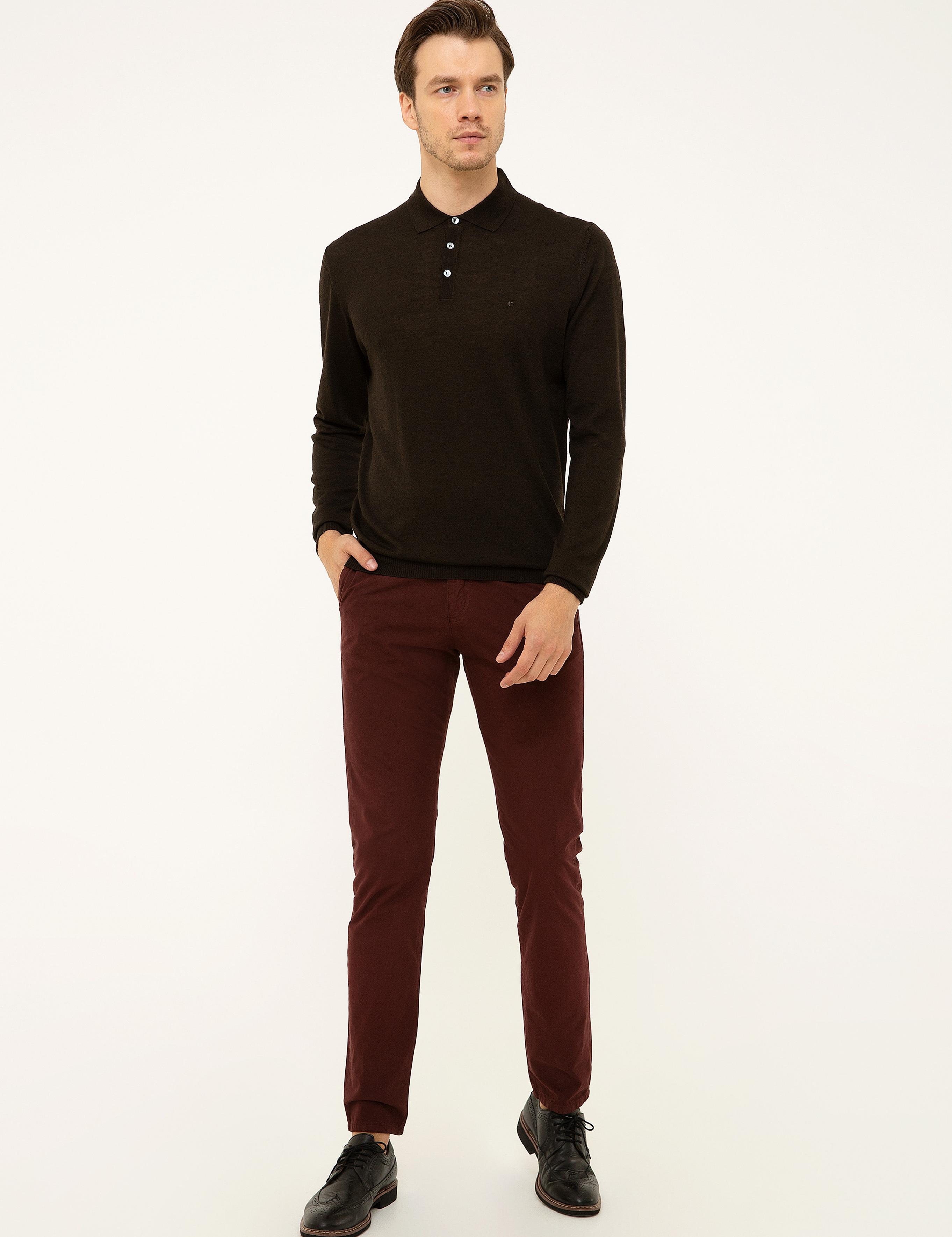 Koyu Kahverengi Slim Fit Polo Yaka Basic Triko Kazak - 50211330063