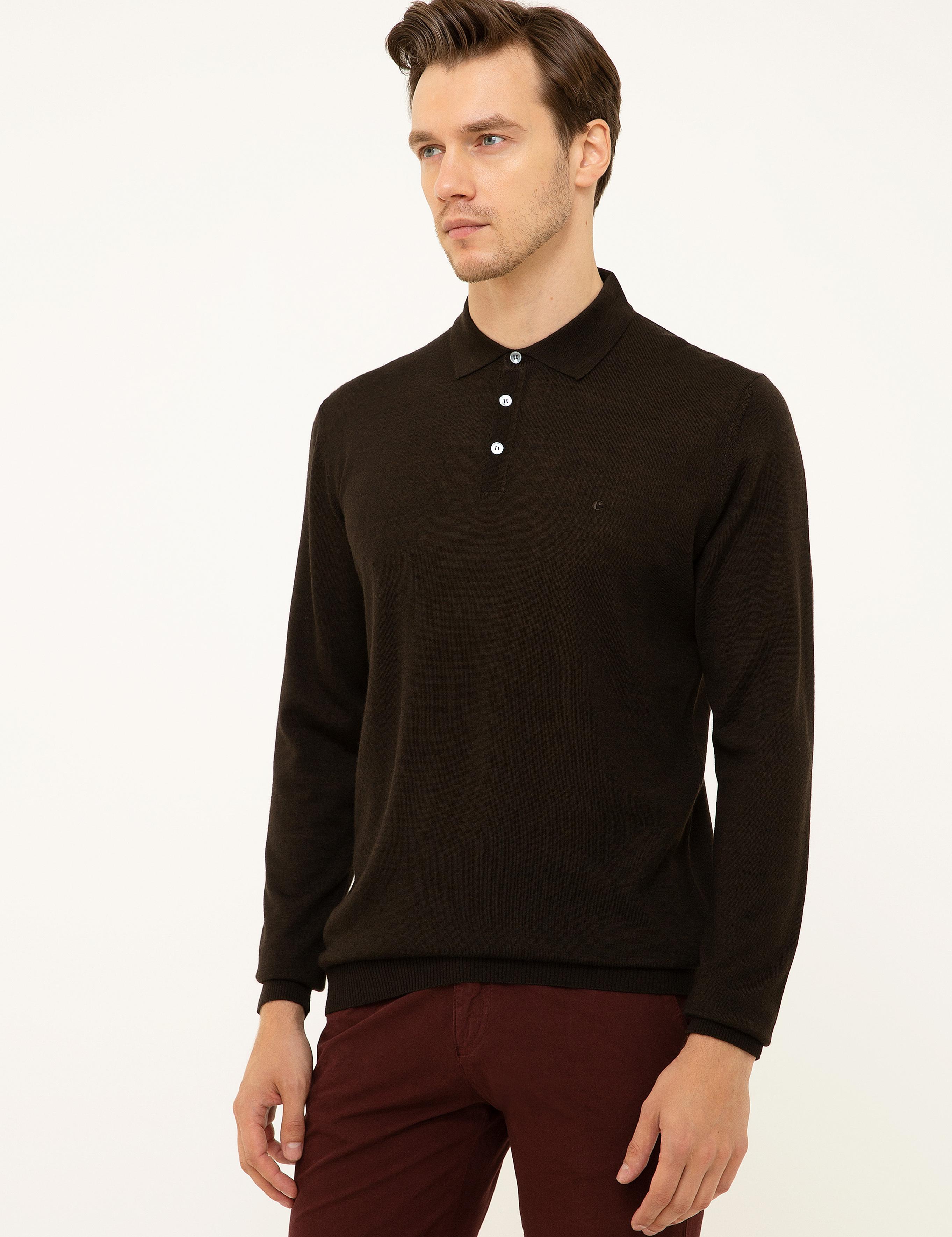 Koyu Kahverengi Slim Fit Polo Yaka Basic Triko Kazak - 50211330063