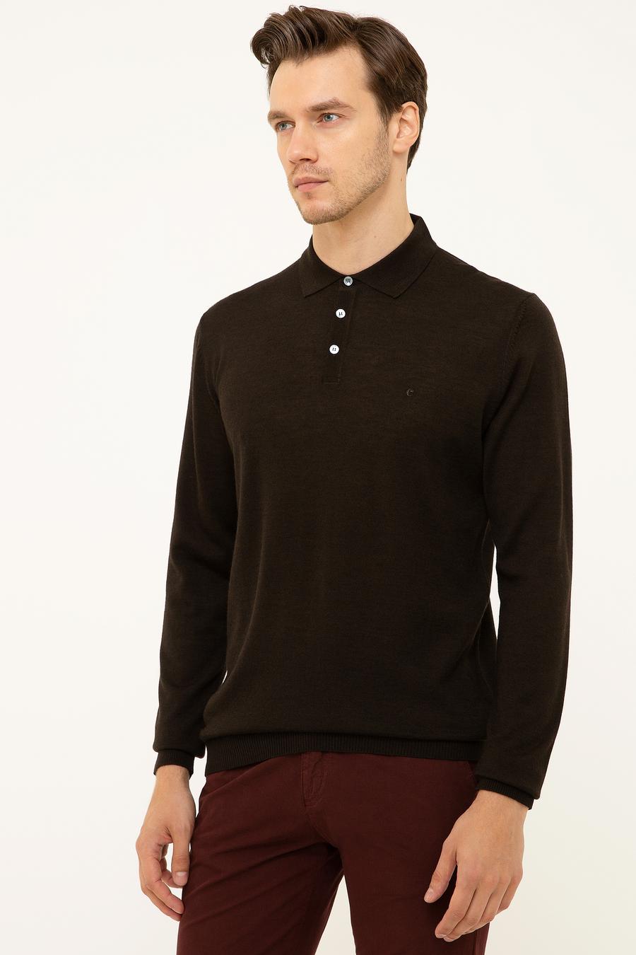Koyu Kahverengi Slim Fit Polo Yaka Basic Triko Kazak - 50211330063