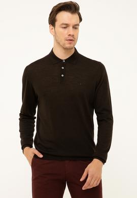 Koyu Kahverengi Slim Fit Polo Yaka Basic Triko Kazak