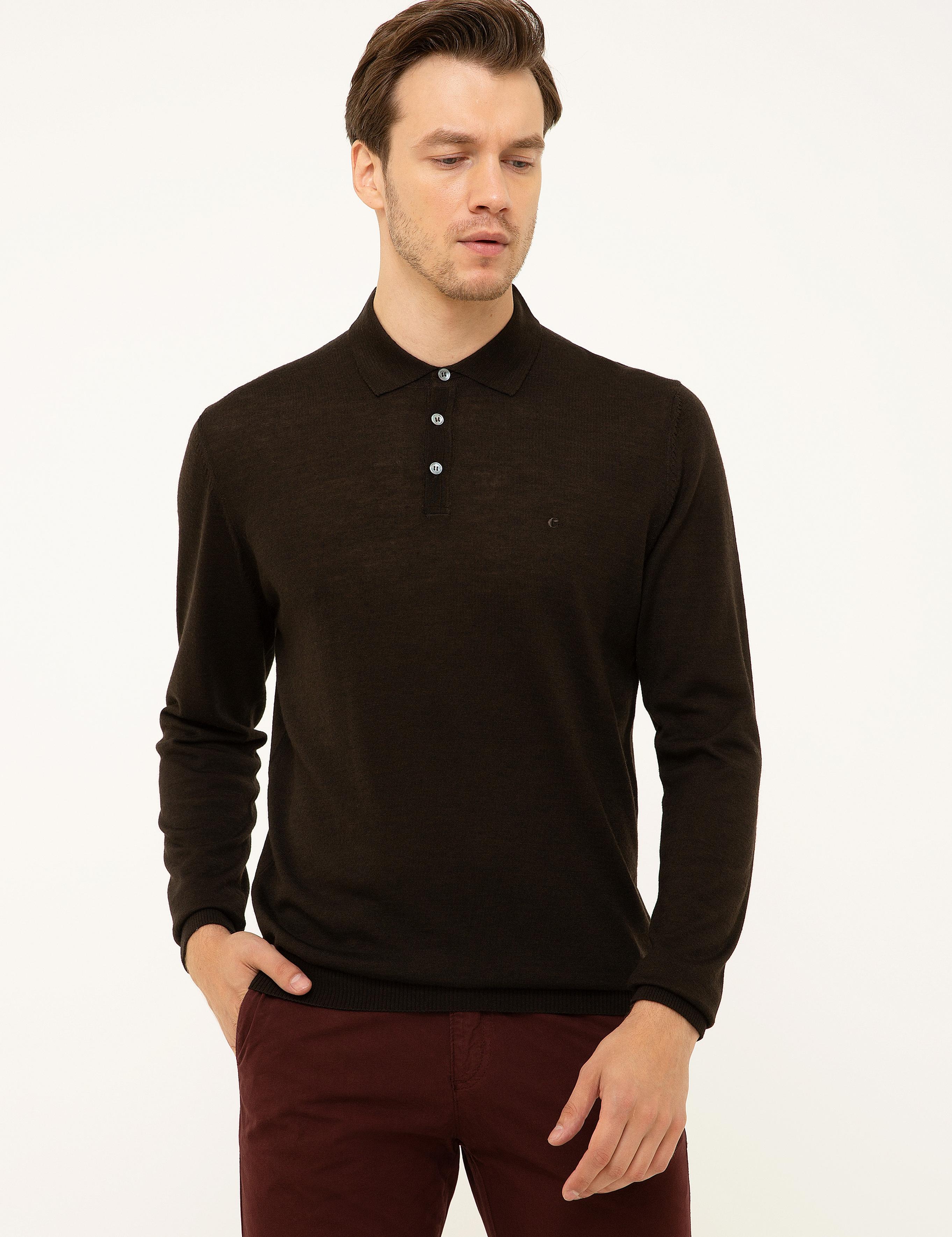 Koyu Kahverengi Slim Fit Polo Yaka Basic Triko Kazak - 50211330063