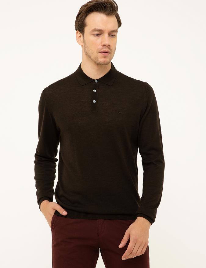 Koyu Kahverengi Slim Fit Polo Yaka Basic Triko Kazak