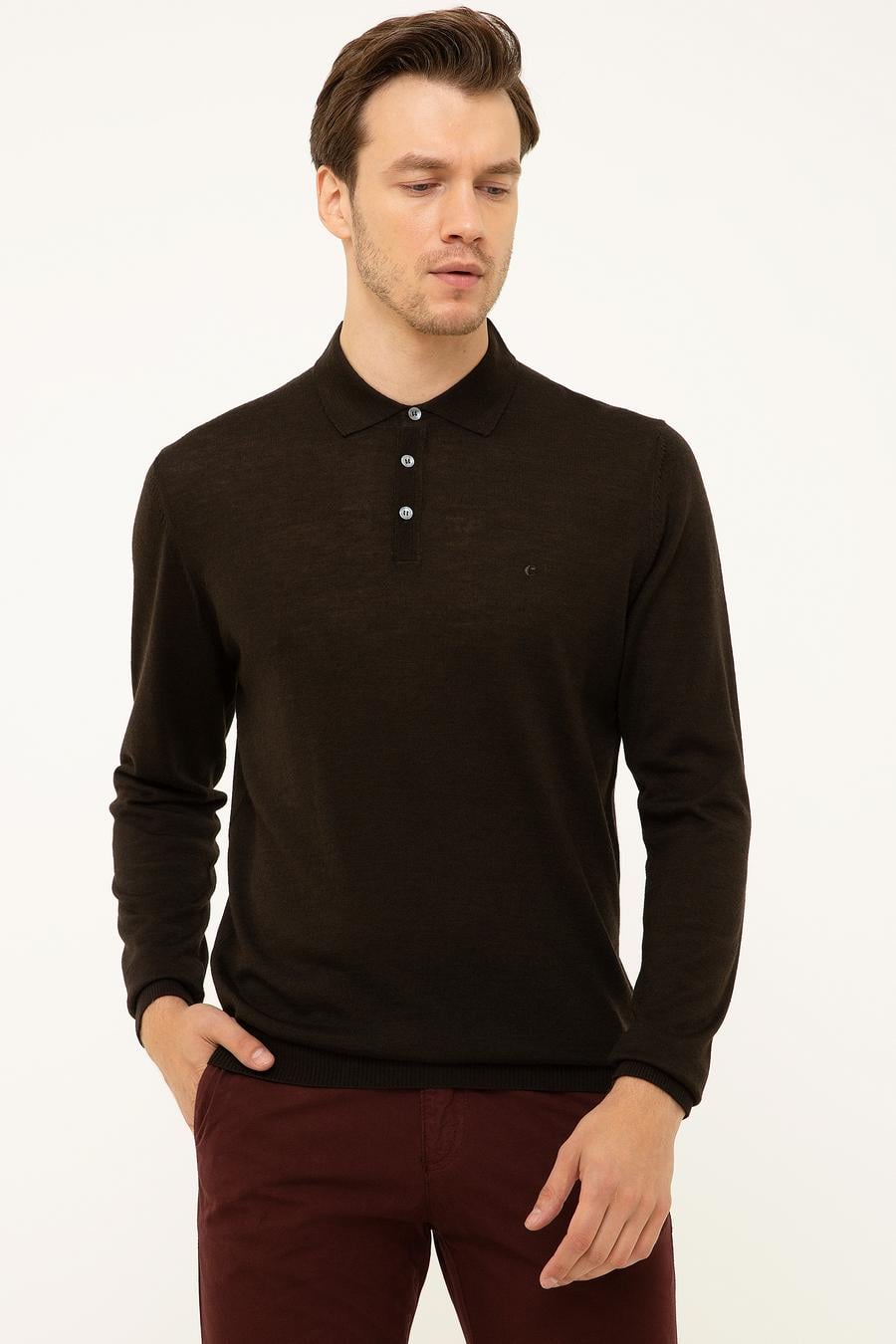 Koyu Kahverengi Slim Fit Polo Yaka Basic Triko Kazak - 50211330063