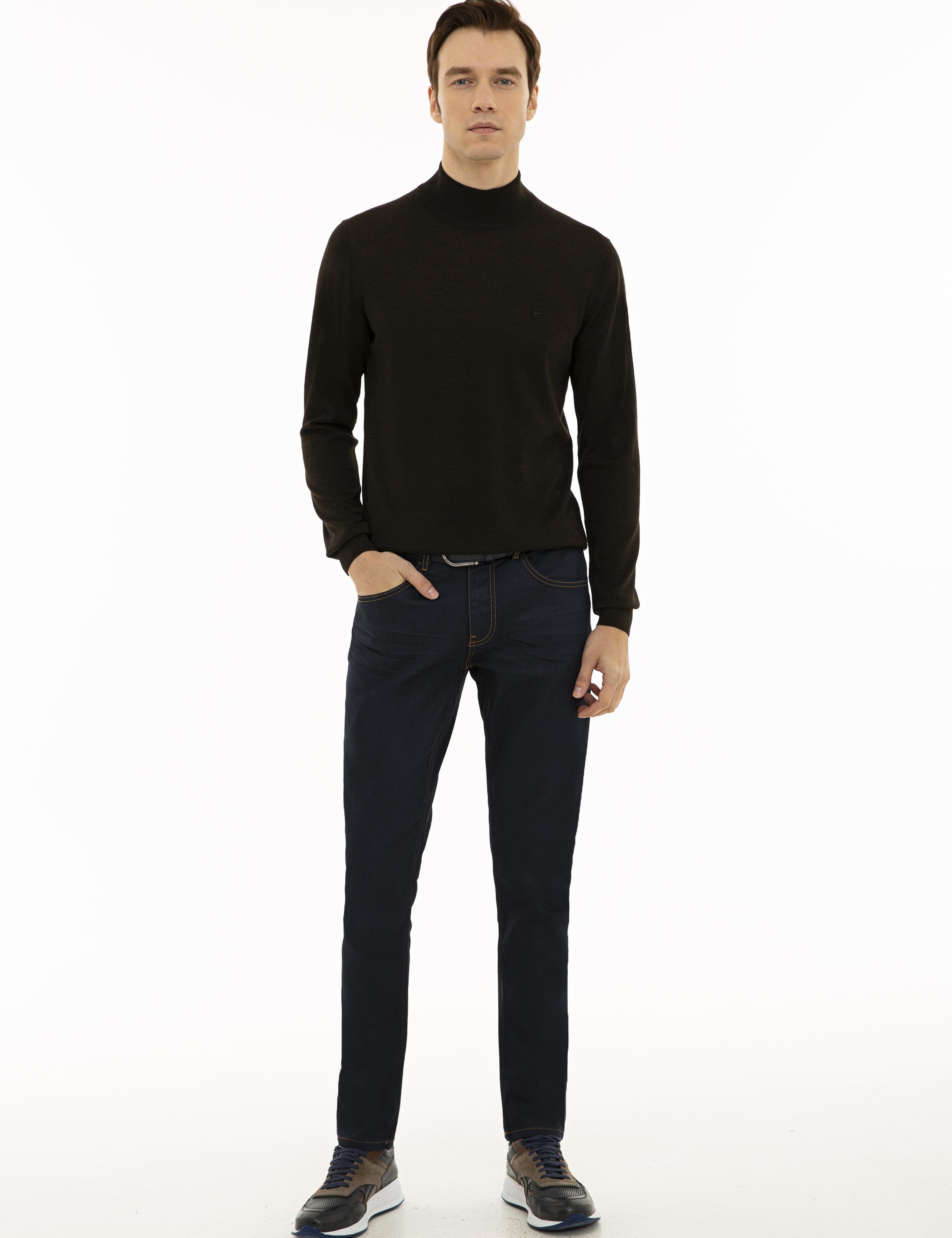 Koyu Kahverengi Slim Fit Yarım Balıkçı Basic Triko Kazak - 50211256069