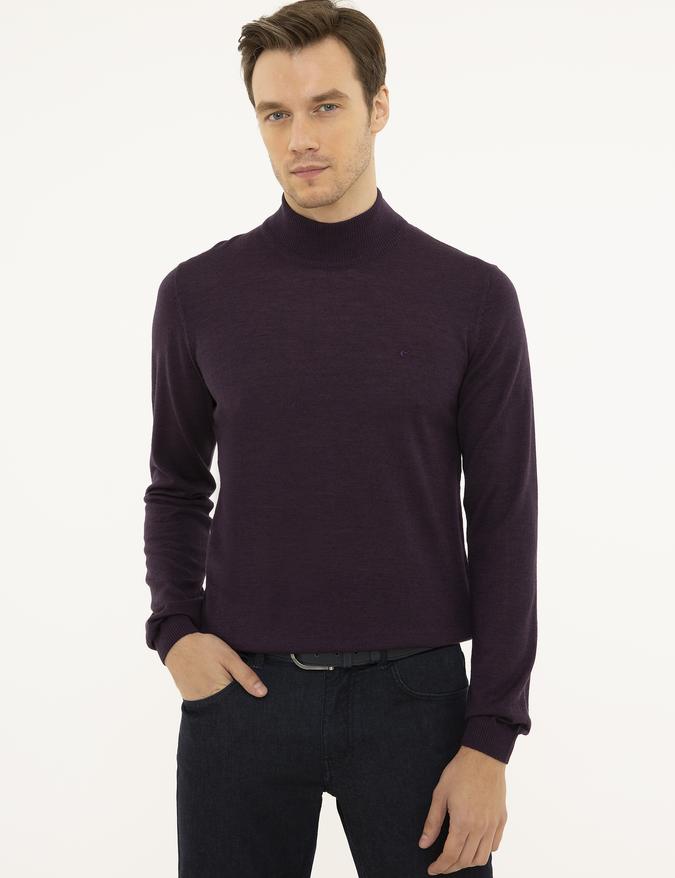 Mor Slim Fit Yarım Balıkçı Basic Triko Kazak