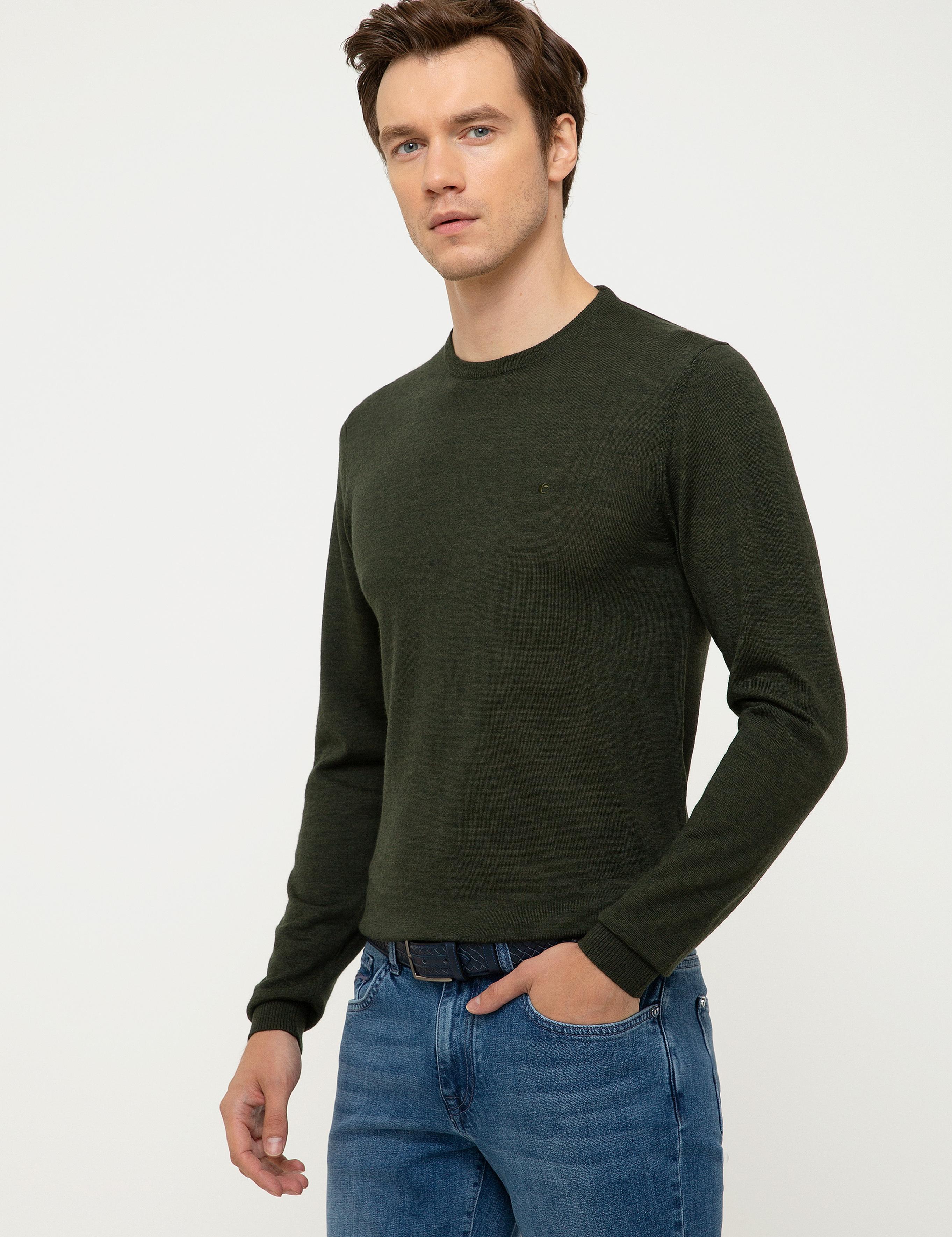Haki Slim Fit Bisiklet Yaka Basic Triko Kazak - 50211257027