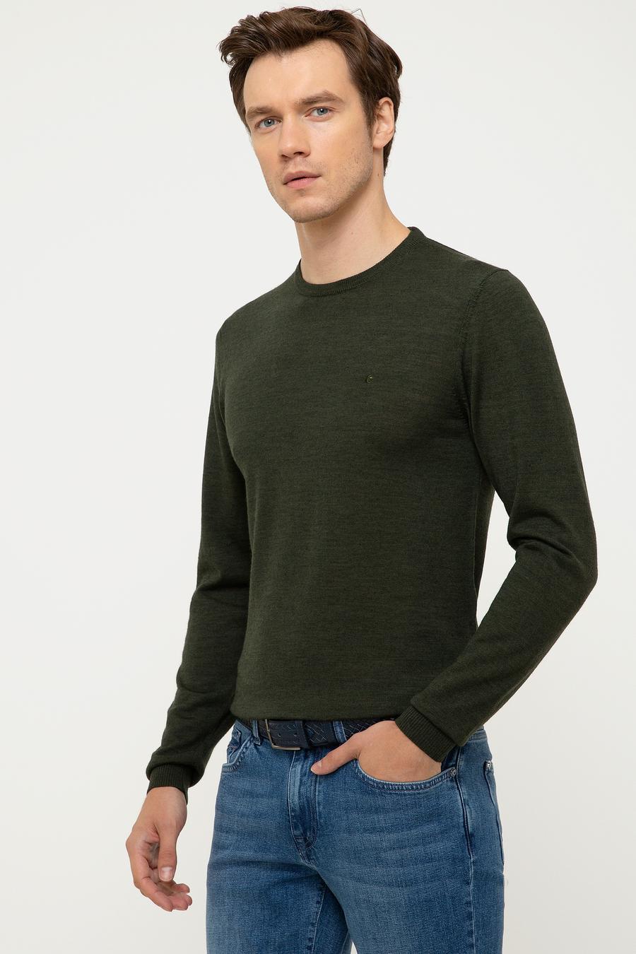 Haki Slim Fit Bisiklet Yaka Basic Triko Kazak - 50211257027
