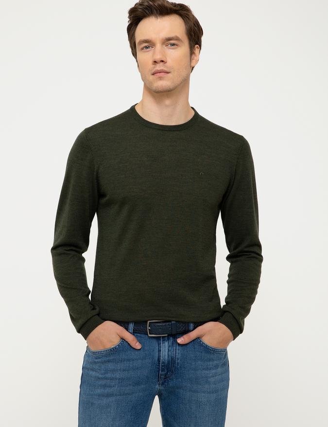 Haki Slim Fit Bisiklet Yaka Basic Triko Kazak