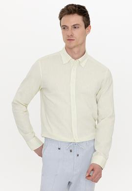 Fıstık Yeşili Keten Karışımlı Slim Fit Uzun Kollu Gömlek