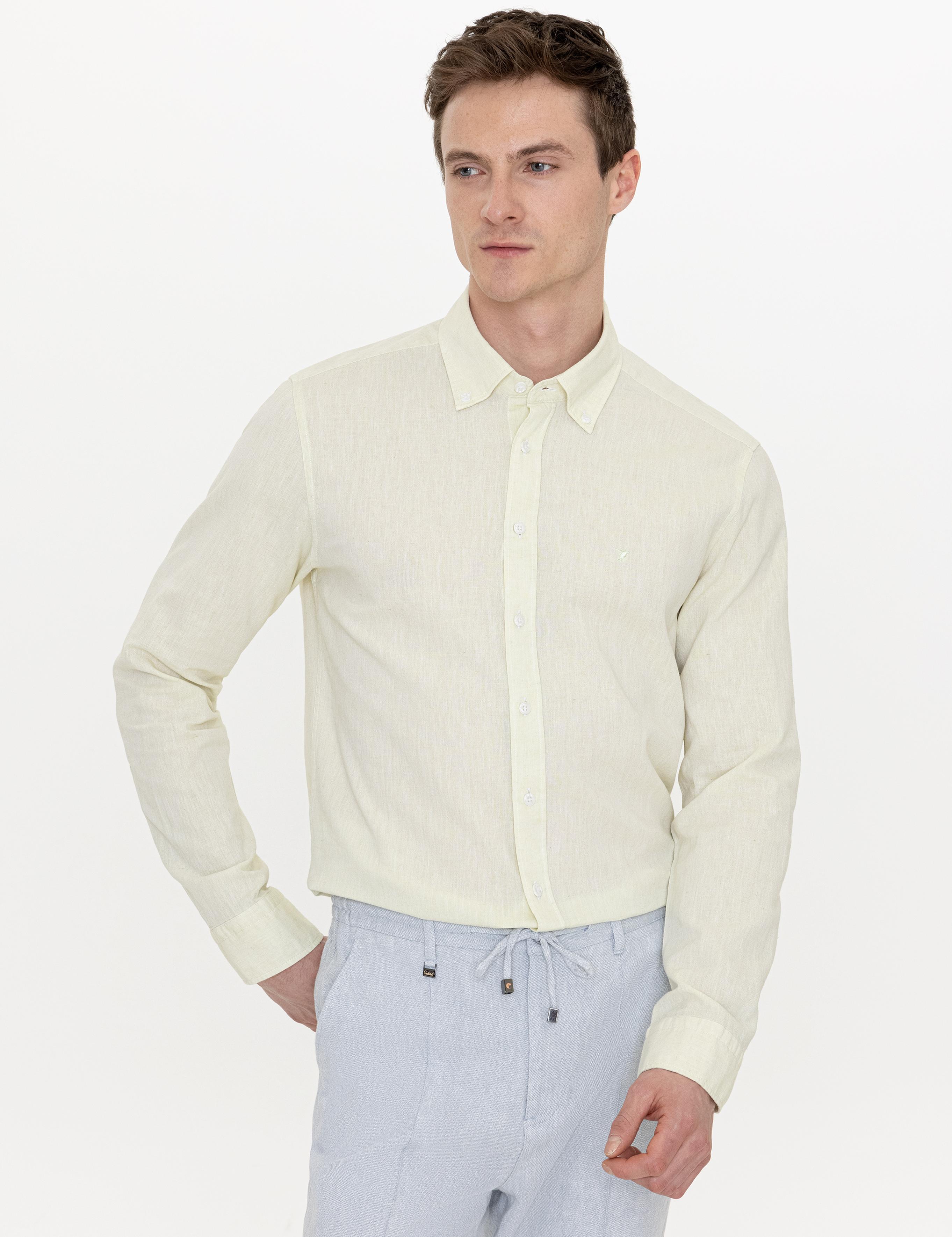 Fıstık Yeşili Keten Karışımlı Slim Fit Uzun Kollu Gömlek - 50250813568
