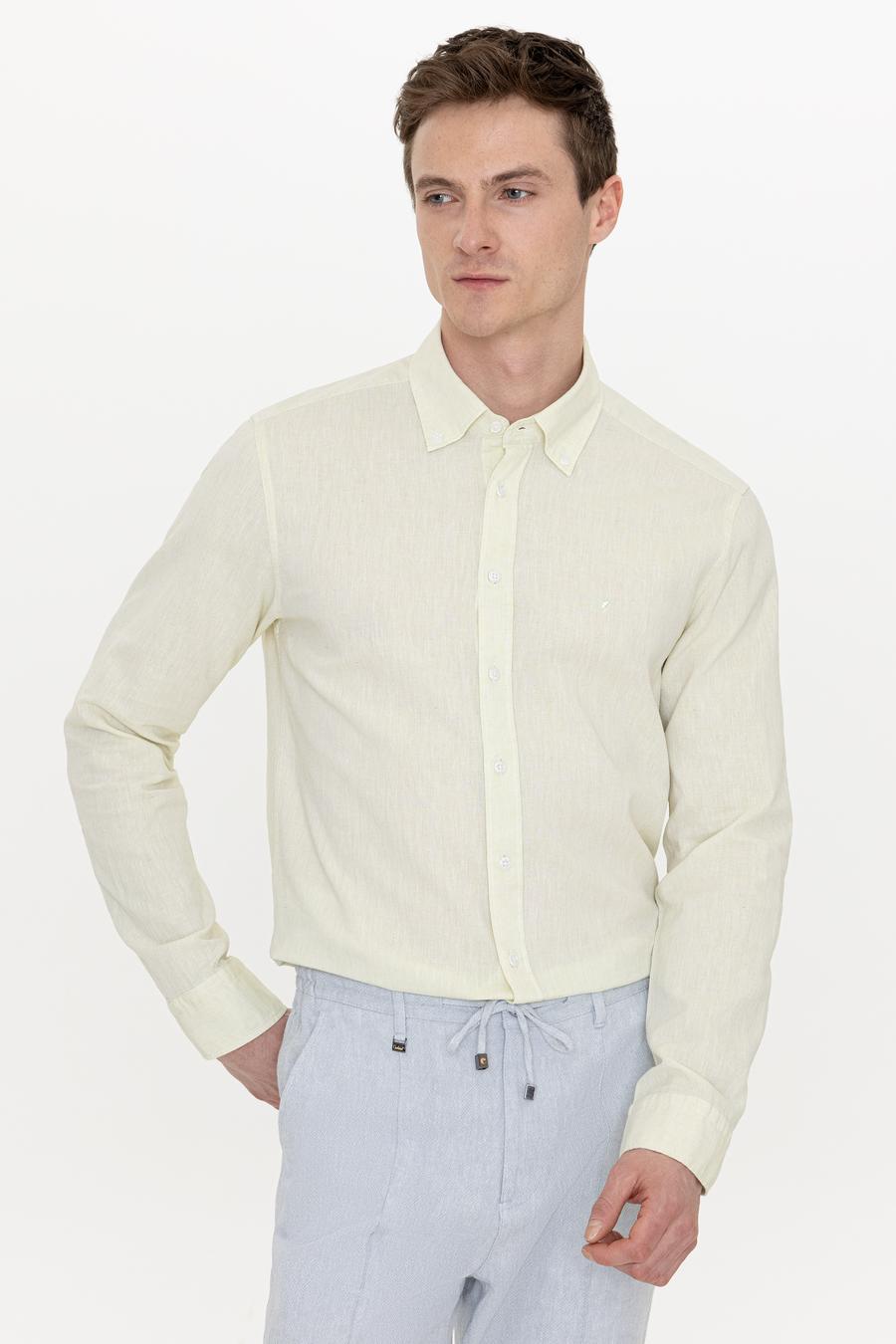 Fıstık Yeşili Keten Karışımlı Slim Fit Uzun Kollu Gömlek - 50250813568