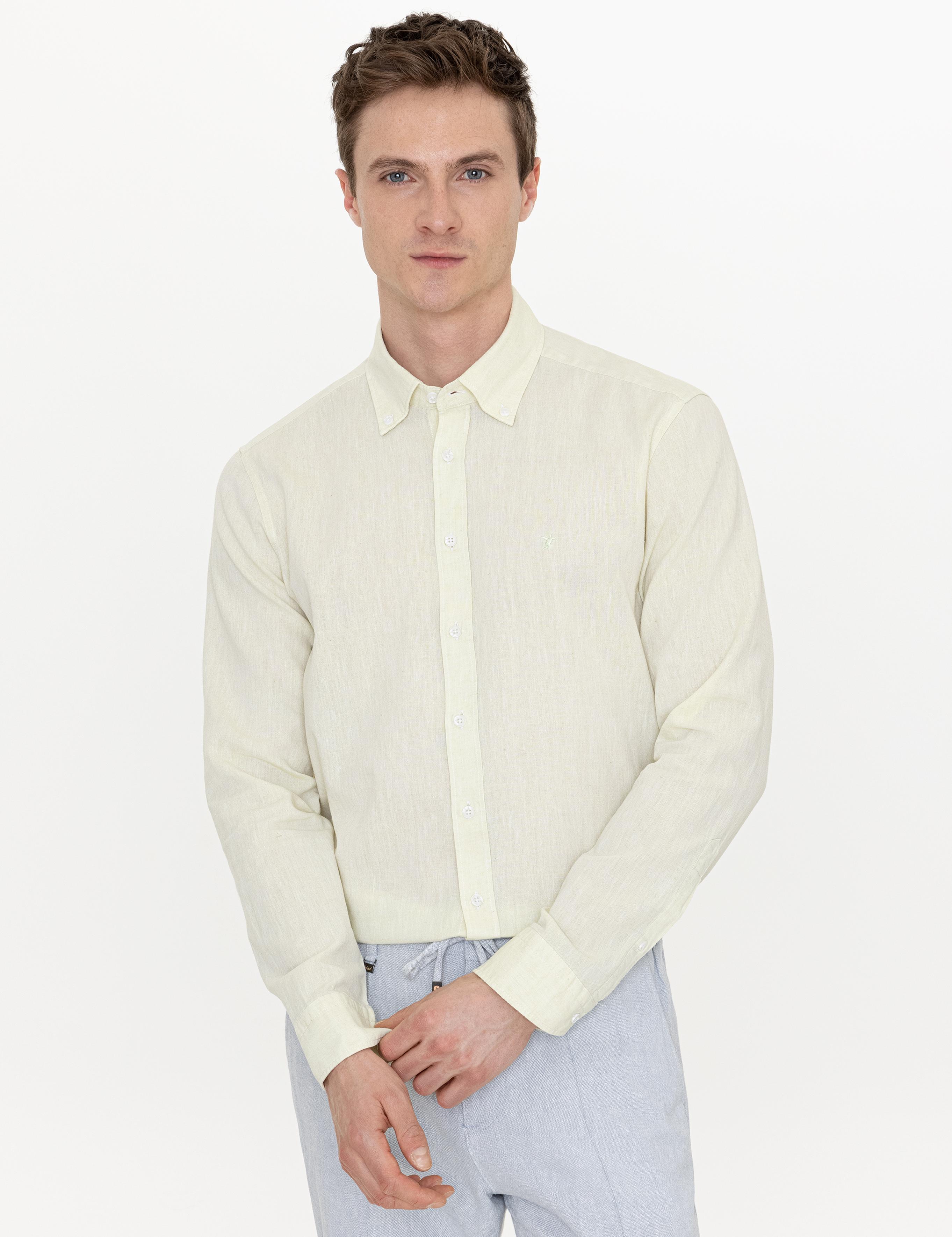 Fıstık Yeşili Keten Karışımlı Slim Fit Uzun Kollu Gömlek - 50250813568