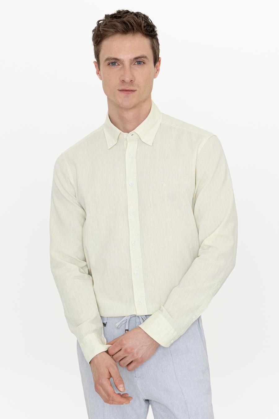Fıstık Yeşili Keten Karışımlı Slim Fit Uzun Kollu Gömlek - 50250813568