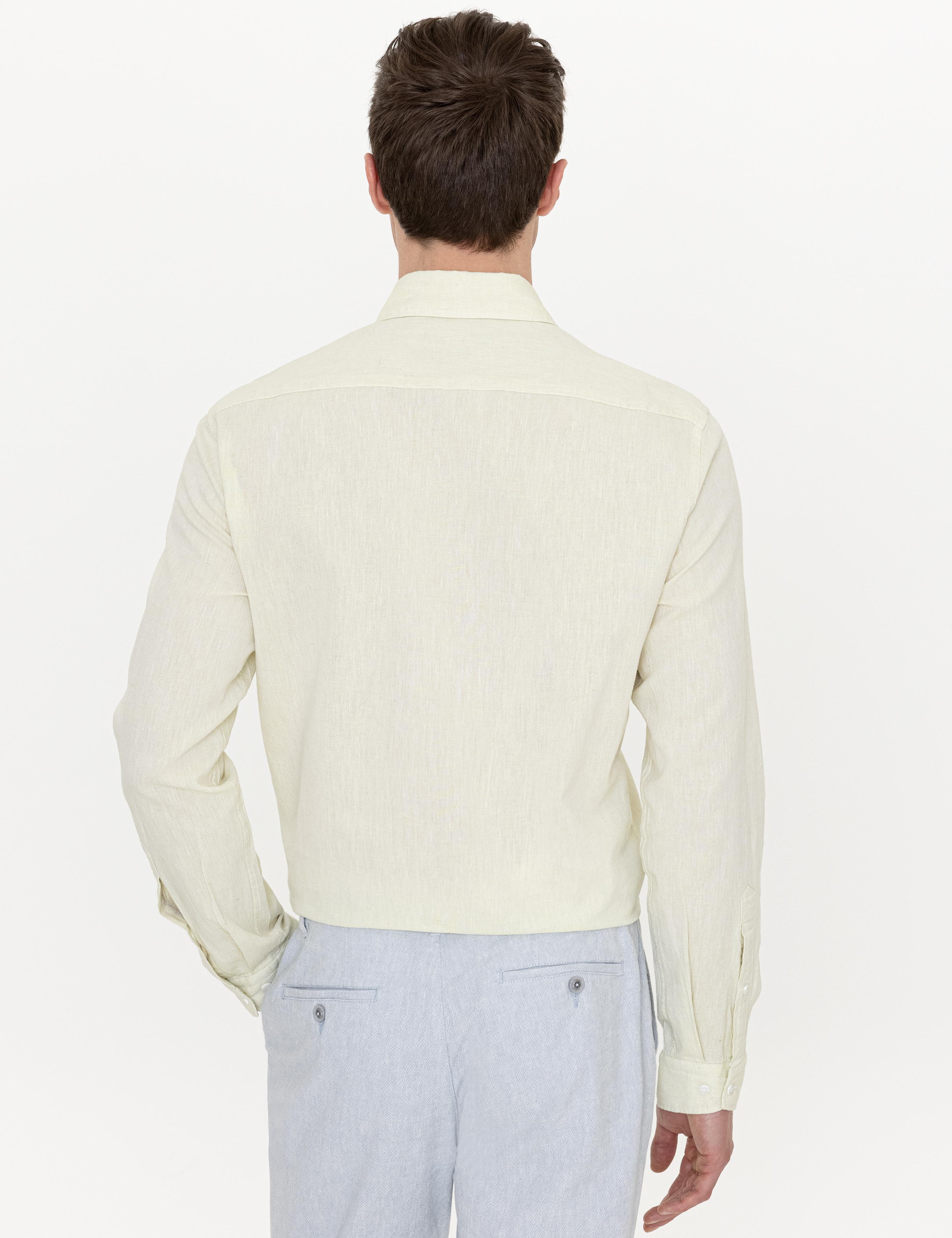 Fıstık Yeşili Keten Karışımlı Slim Fit Uzun Kollu Gömlek - 50250813568
