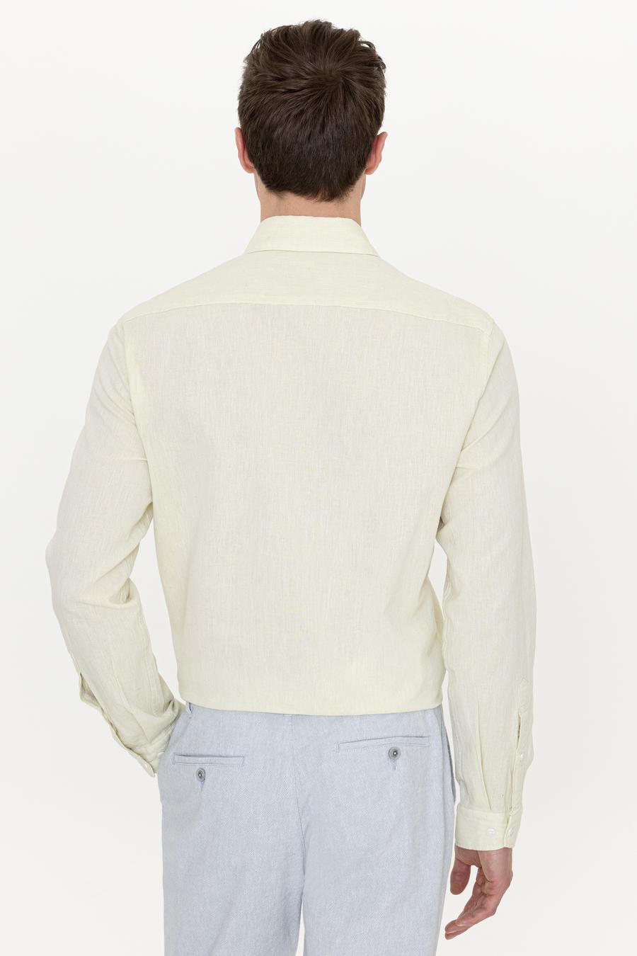 Fıstık Yeşili Keten Karışımlı Slim Fit Uzun Kollu Gömlek - 50250813568