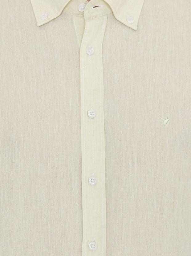Fıstık Yeşili Keten Karışımlı Slim Fit Uzun Kollu Gömlek