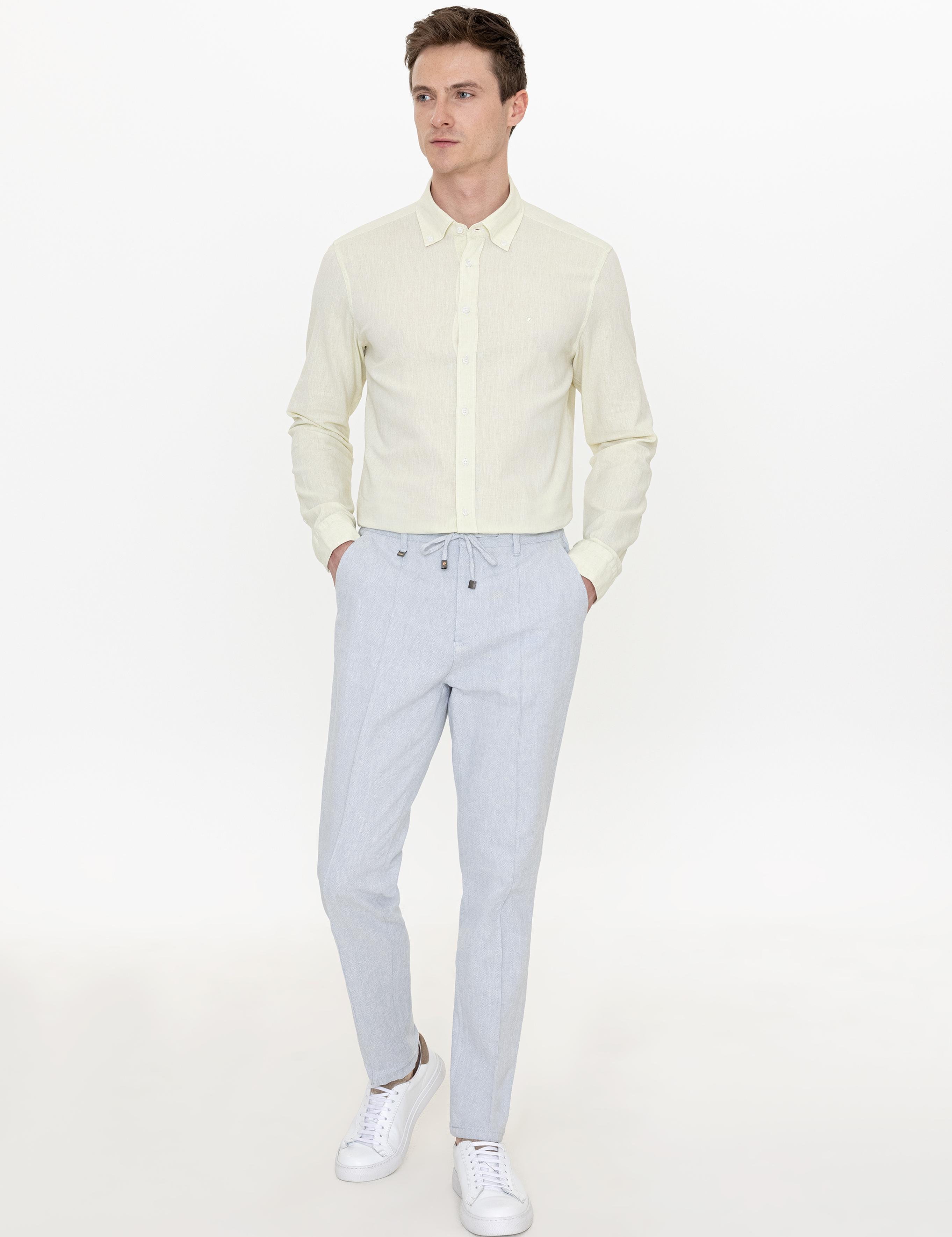 Fıstık Yeşili Keten Karışımlı Slim Fit Uzun Kollu Gömlek - 50250813568