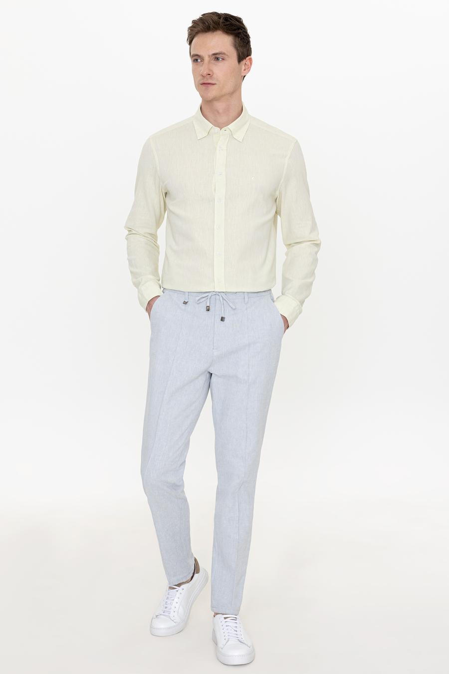 Fıstık Yeşili Keten Karışımlı Slim Fit Uzun Kollu Gömlek - 50250813568