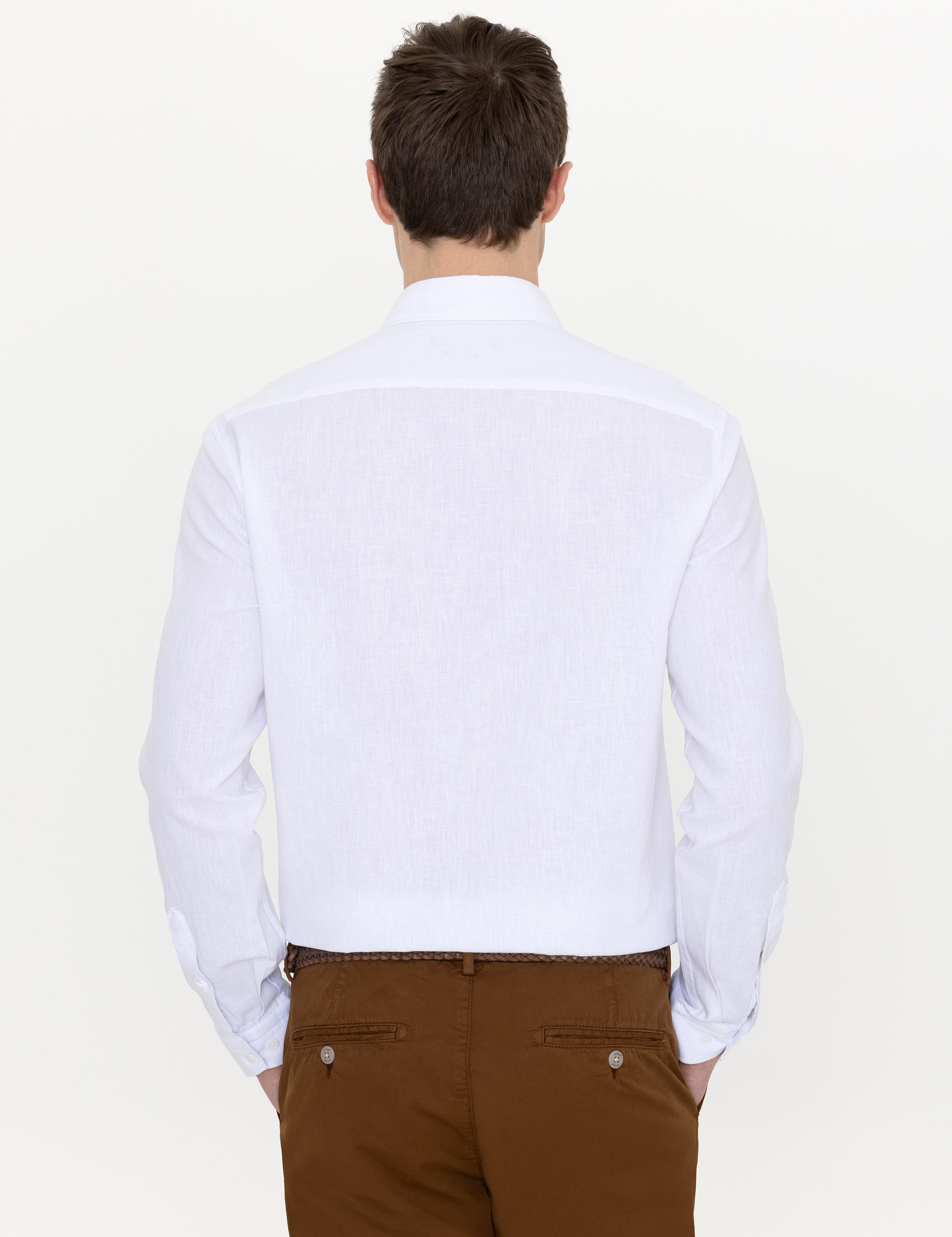 Beyaz Keten Karışımlı Slim Fit Uzun Kollu Gömlek - 50250813425
