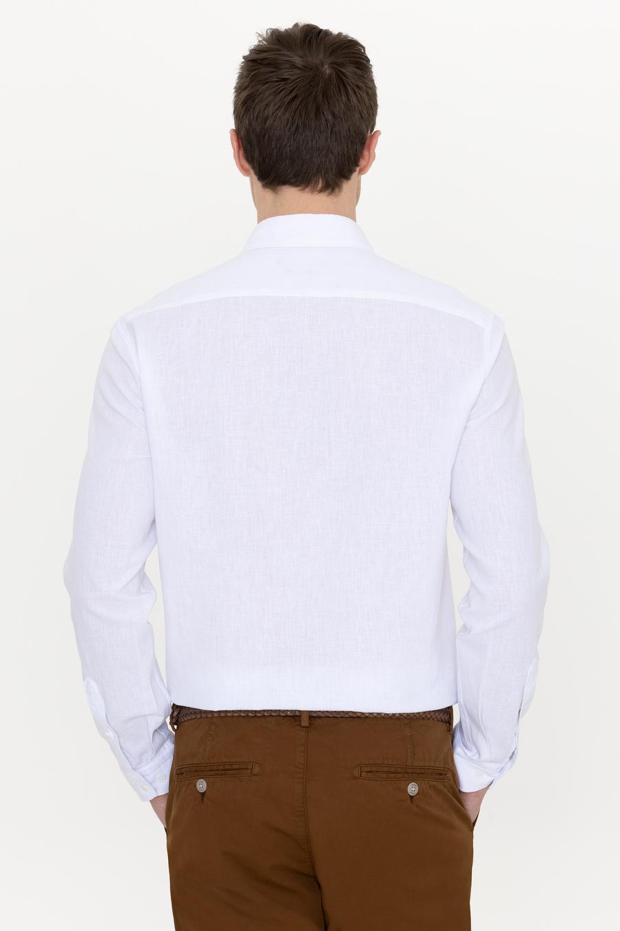 Beyaz Keten Karışımlı Slim Fit Uzun Kollu Gömlek - 50250813425