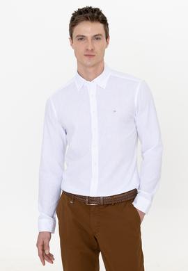 Beyaz Keten Karışımlı Slim Fit Uzun Kollu Gömlek