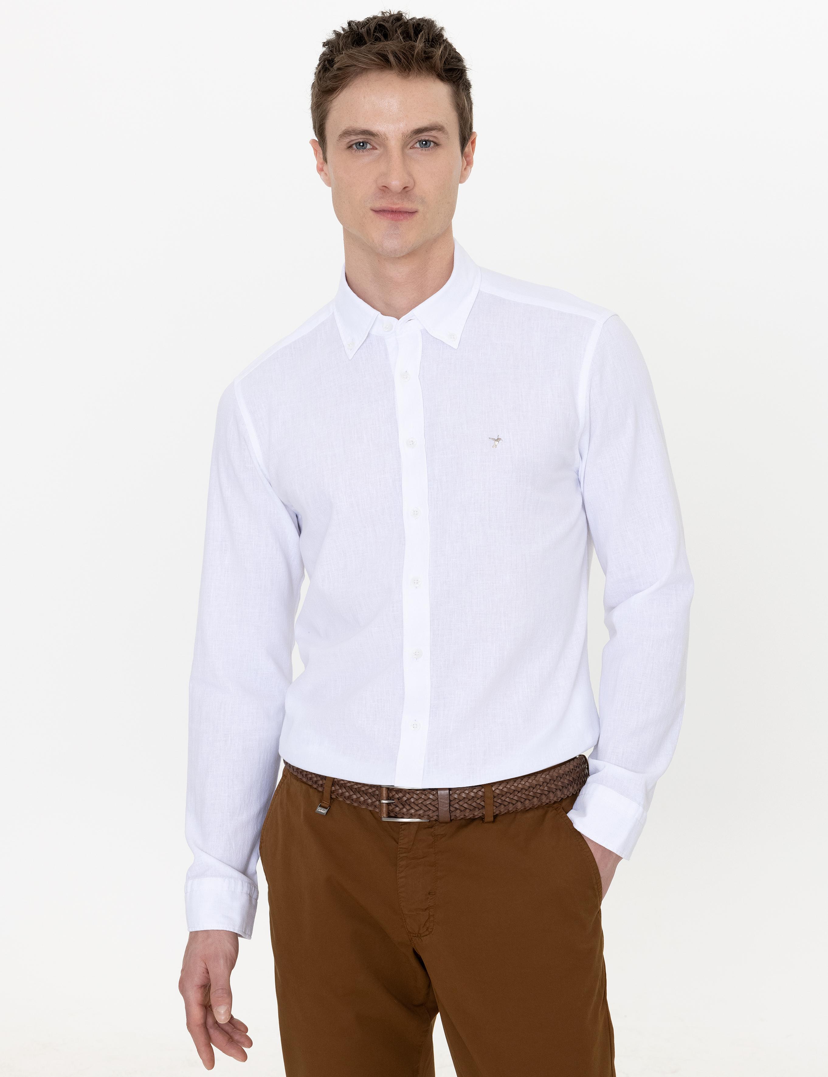 Beyaz Keten Karışımlı Slim Fit Uzun Kollu Gömlek - 50250813425