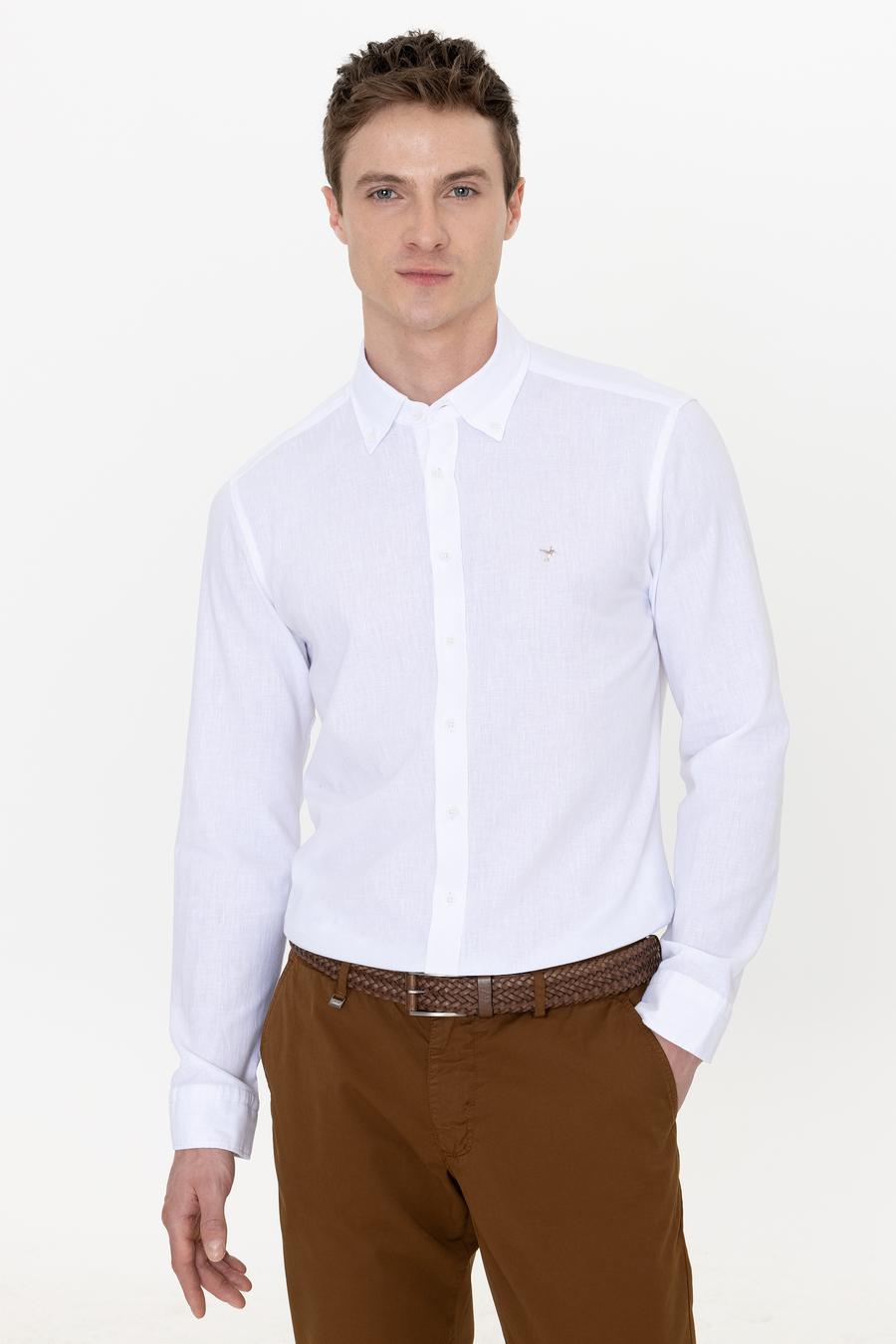 Beyaz Keten Karışımlı Slim Fit Uzun Kollu Gömlek - 50250813425