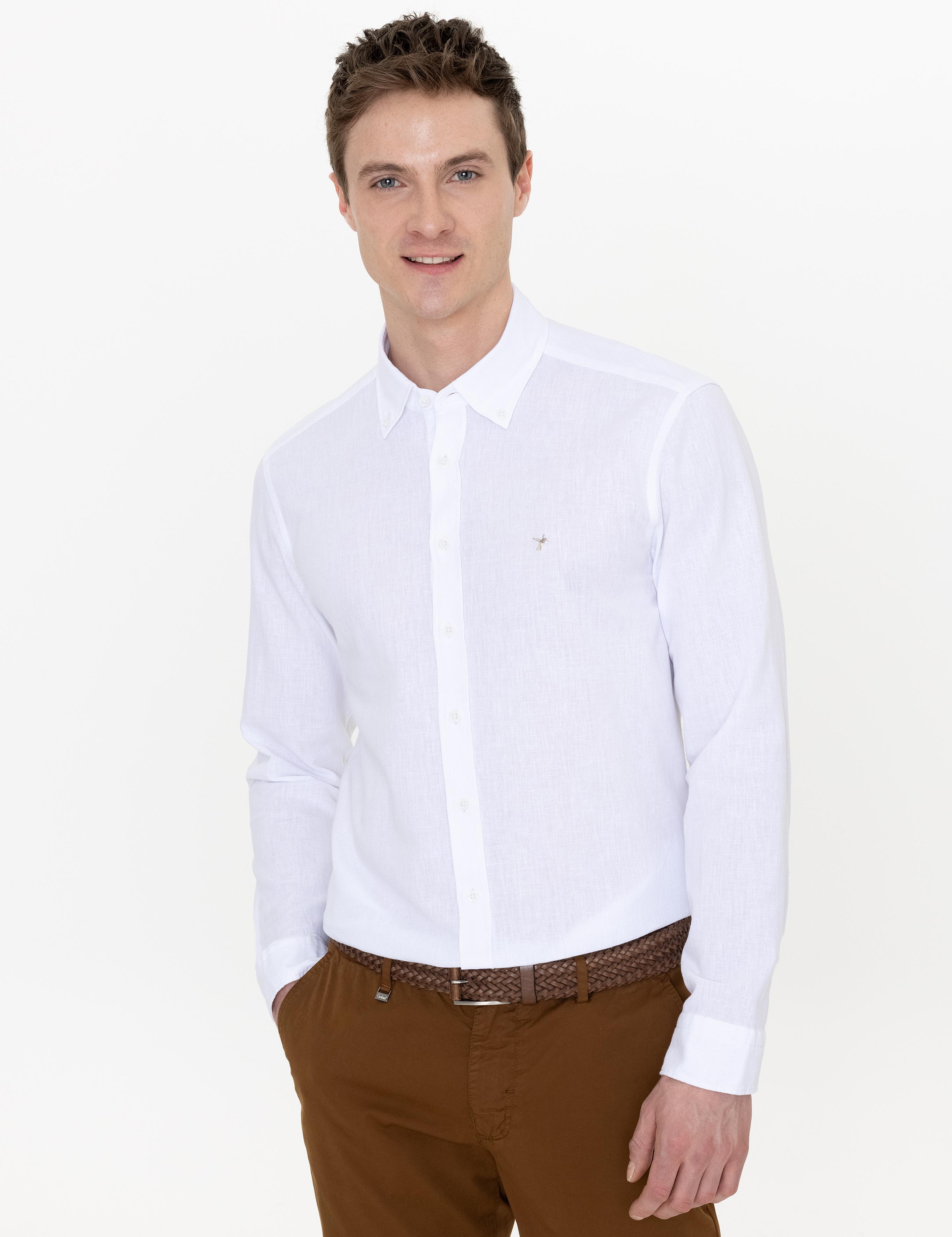Beyaz Keten Karışımlı Slim Fit Uzun Kollu Gömlek - 50250813425