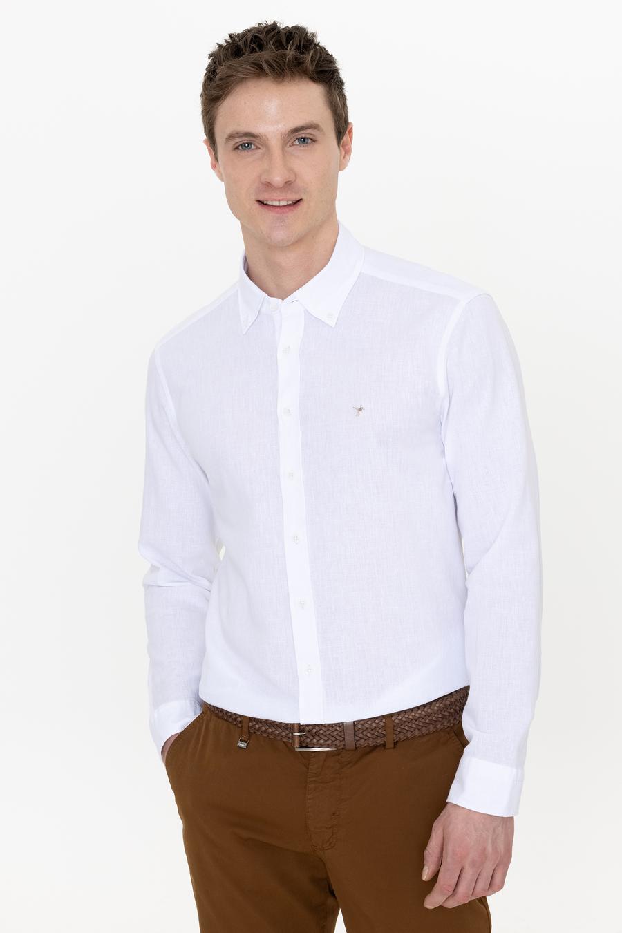 Beyaz Keten Karışımlı Slim Fit Uzun Kollu Gömlek - 50250813425
