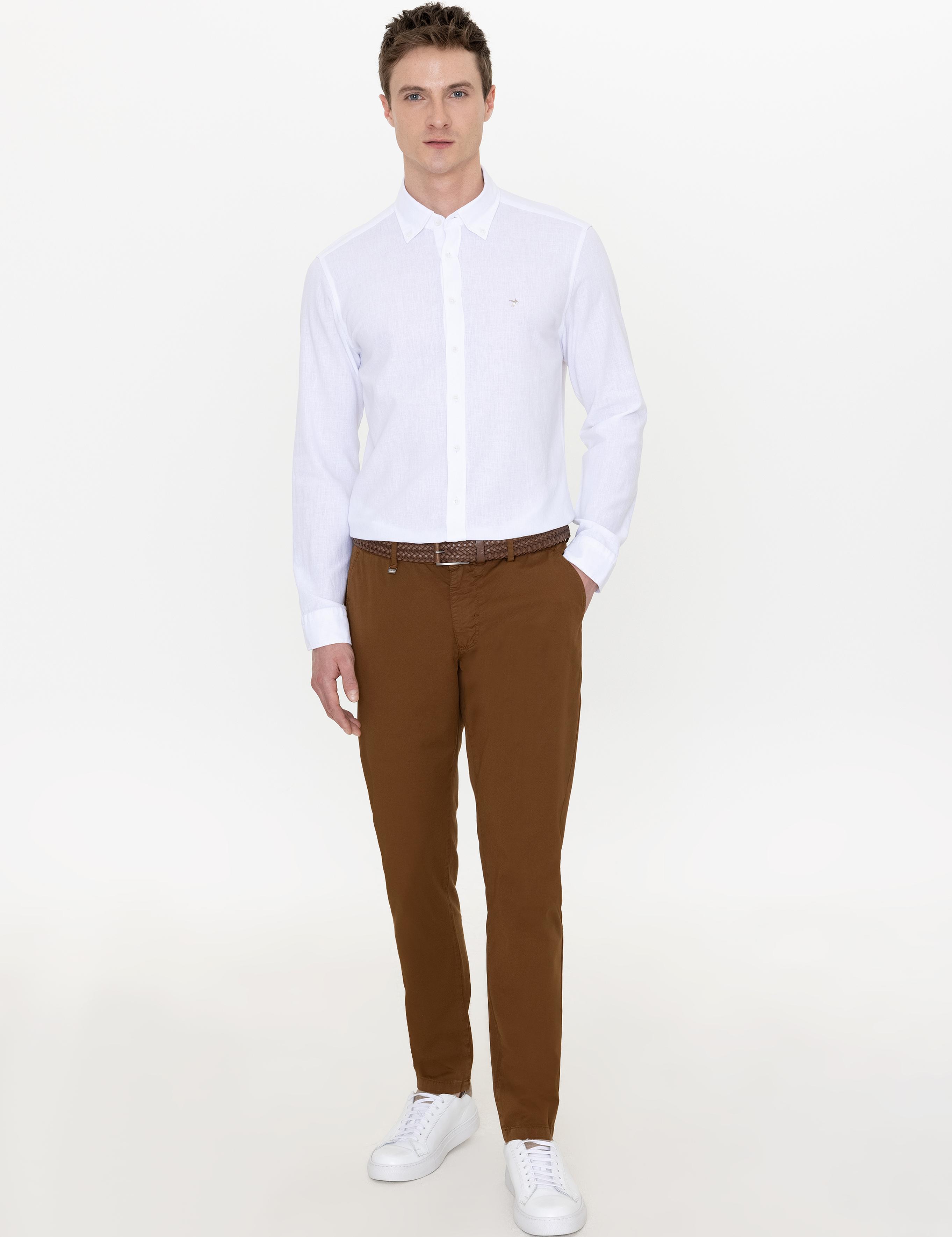 Beyaz Keten Karışımlı Slim Fit Uzun Kollu Gömlek - 50250813425