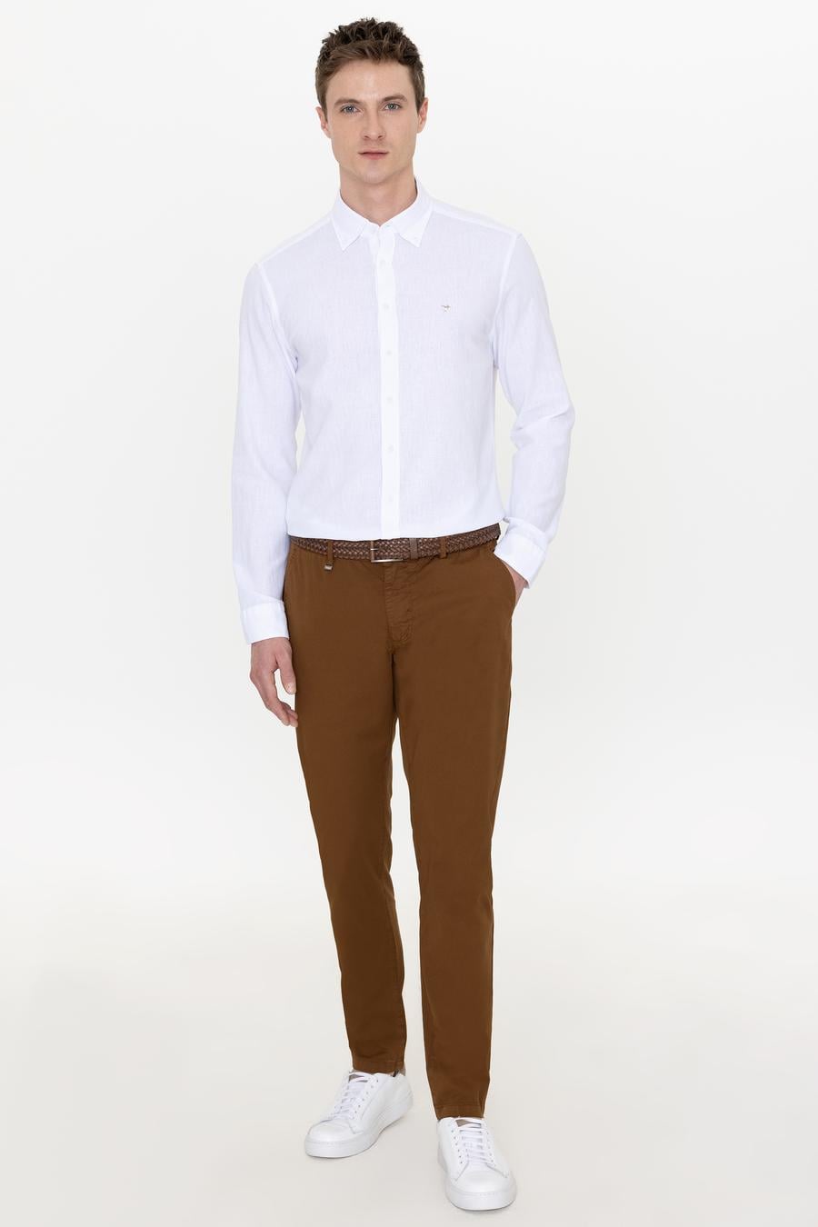 Beyaz Keten Karışımlı Slim Fit Uzun Kollu Gömlek - 50250813425