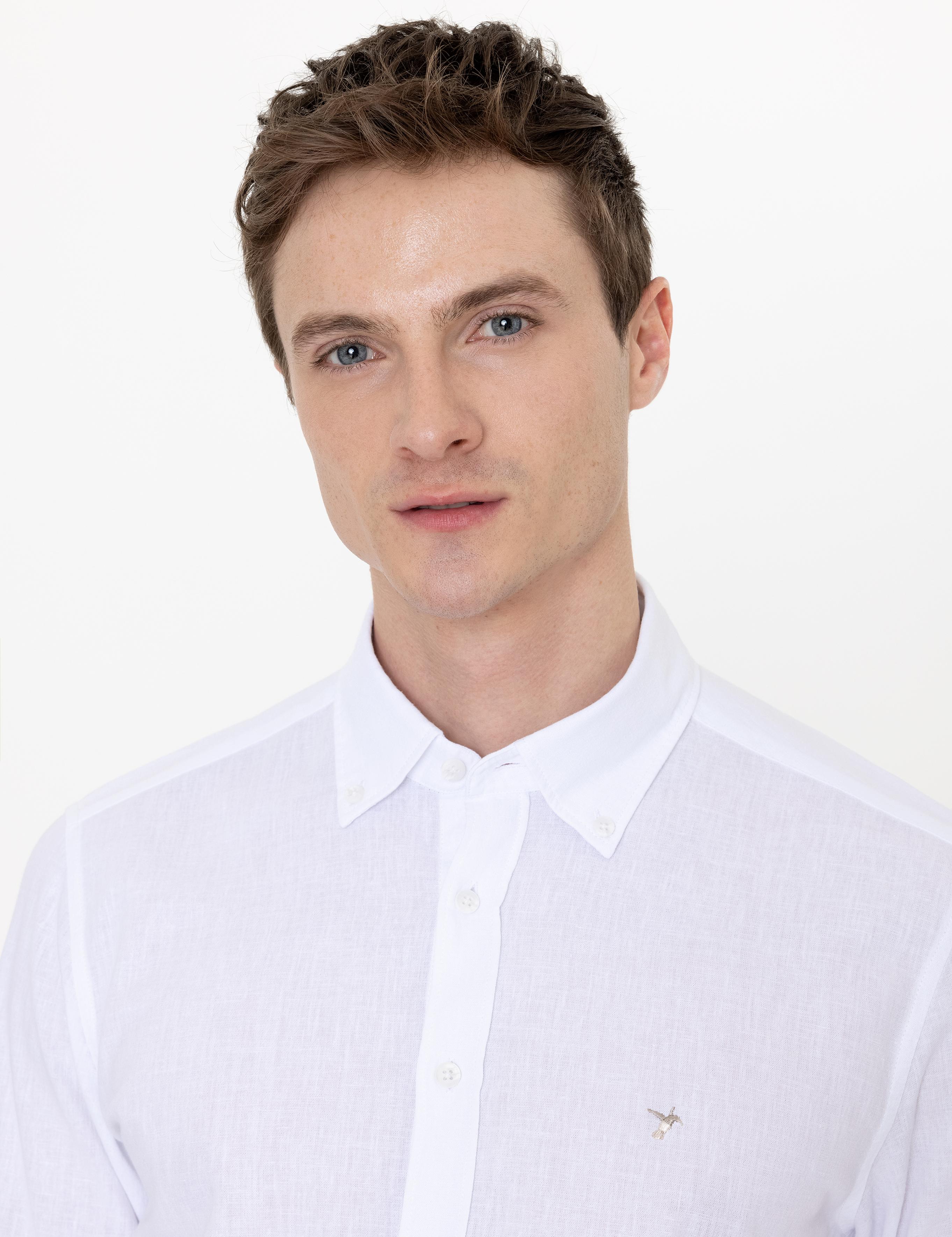 Beyaz Keten Karışımlı Slim Fit Uzun Kollu Gömlek - 50250813425