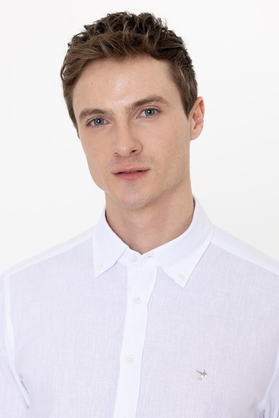Beyaz Keten Karışımlı Slim Fit Uzun Kollu Gömlek - 50250813425