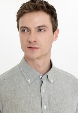 Haki Keten Karışımlı Slim Fit Uzun Kollu Gömlek