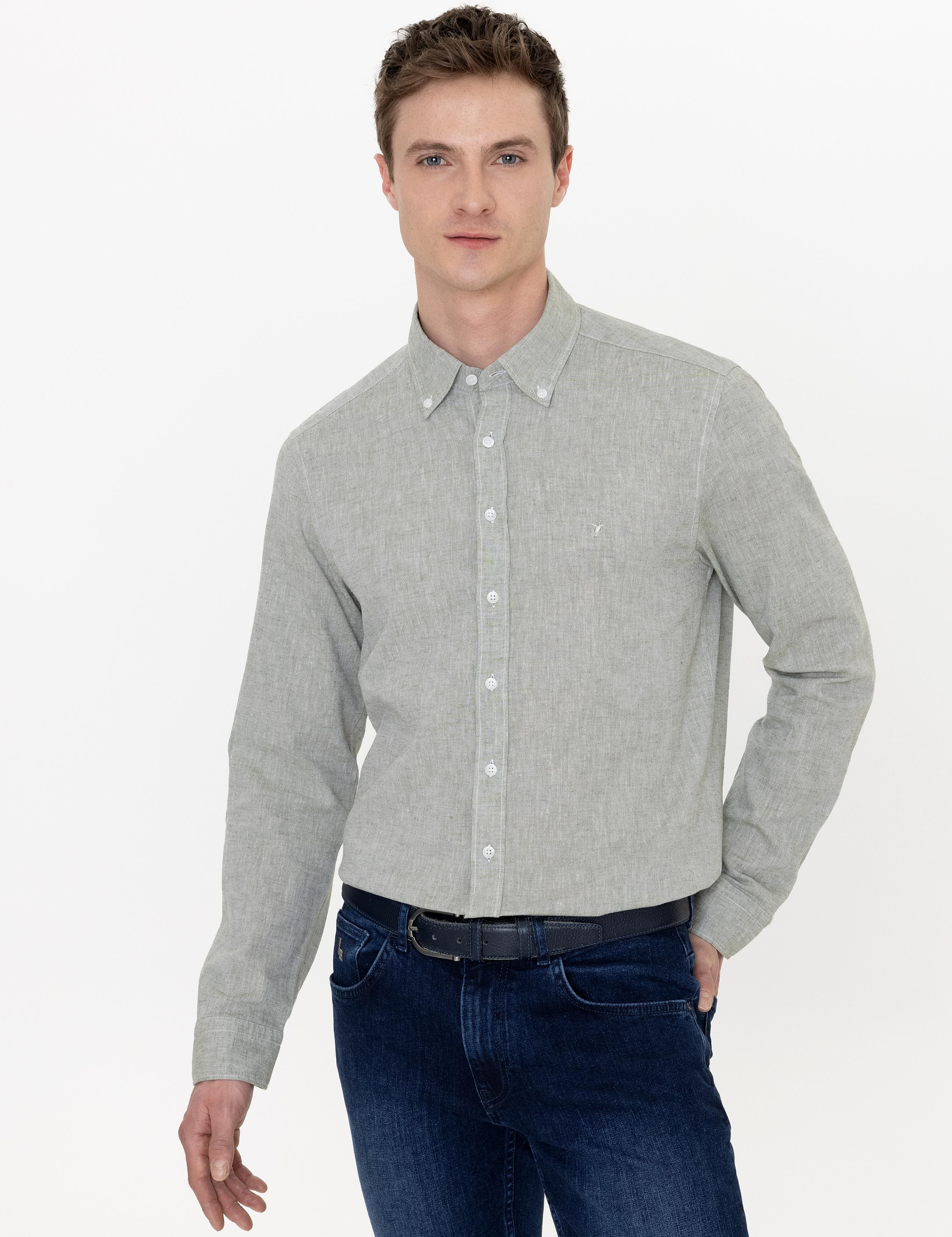 Haki Keten Karışımlı Slim Fit Uzun Kollu Gömlek - 50250813436