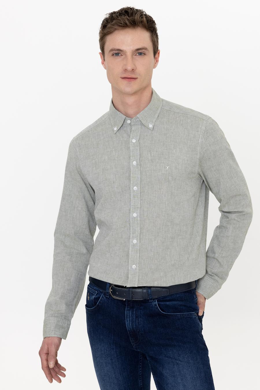 Haki Keten Karışımlı Slim Fit Uzun Kollu Gömlek - 50250813436