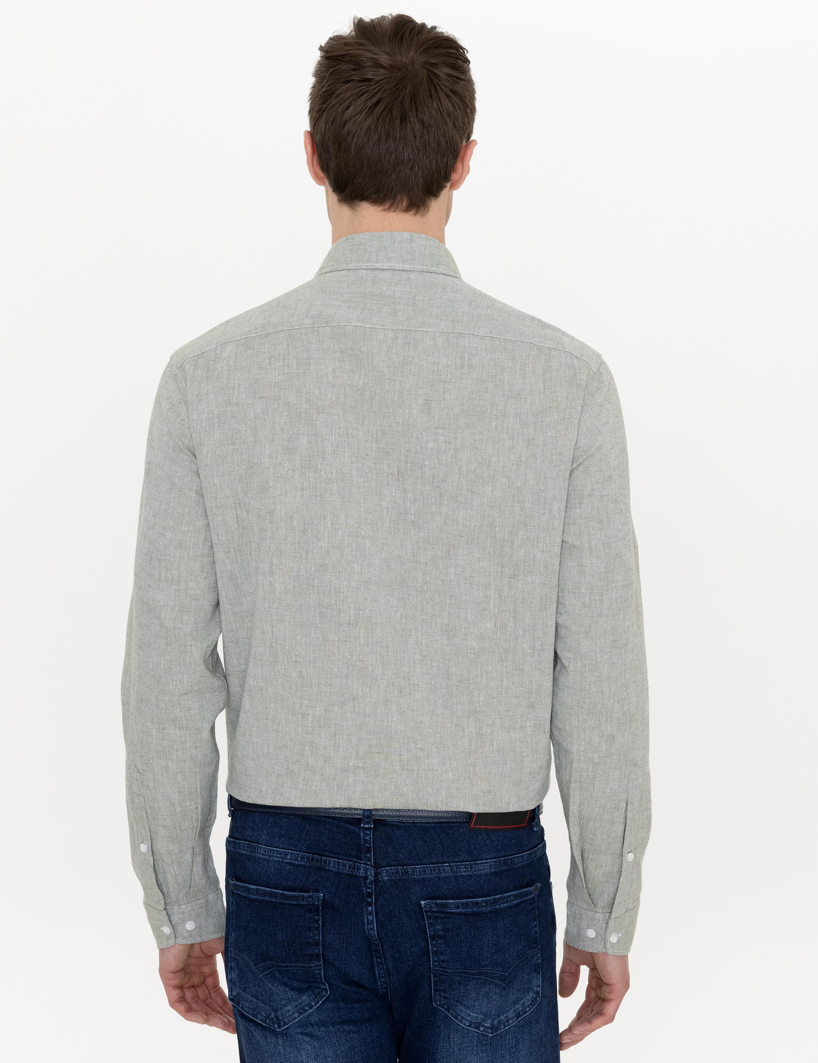 Haki Keten Karışımlı Slim Fit Uzun Kollu Gömlek - 50250813436