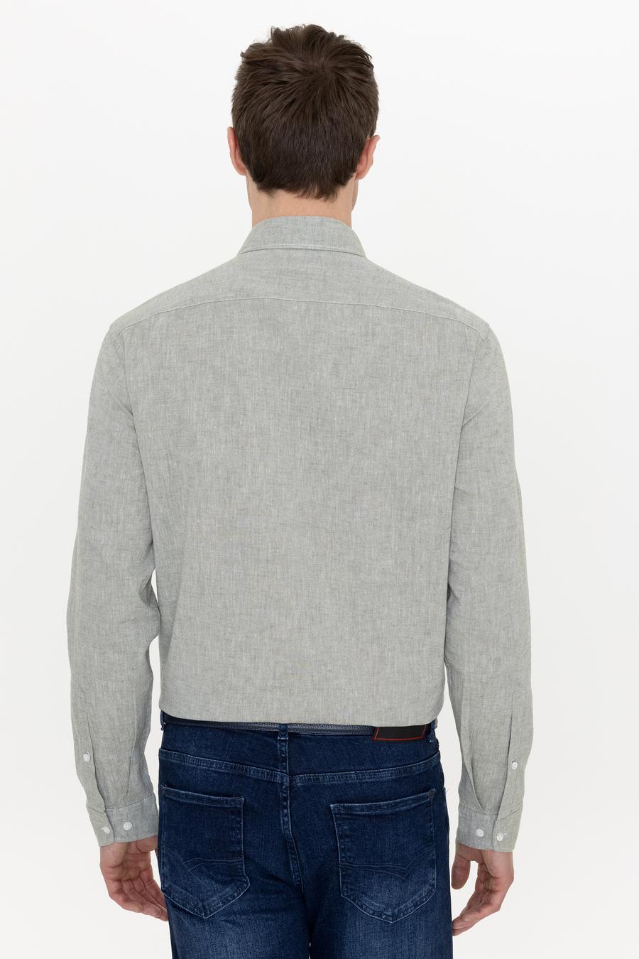 Haki Keten Karışımlı Slim Fit Uzun Kollu Gömlek - 50250813436