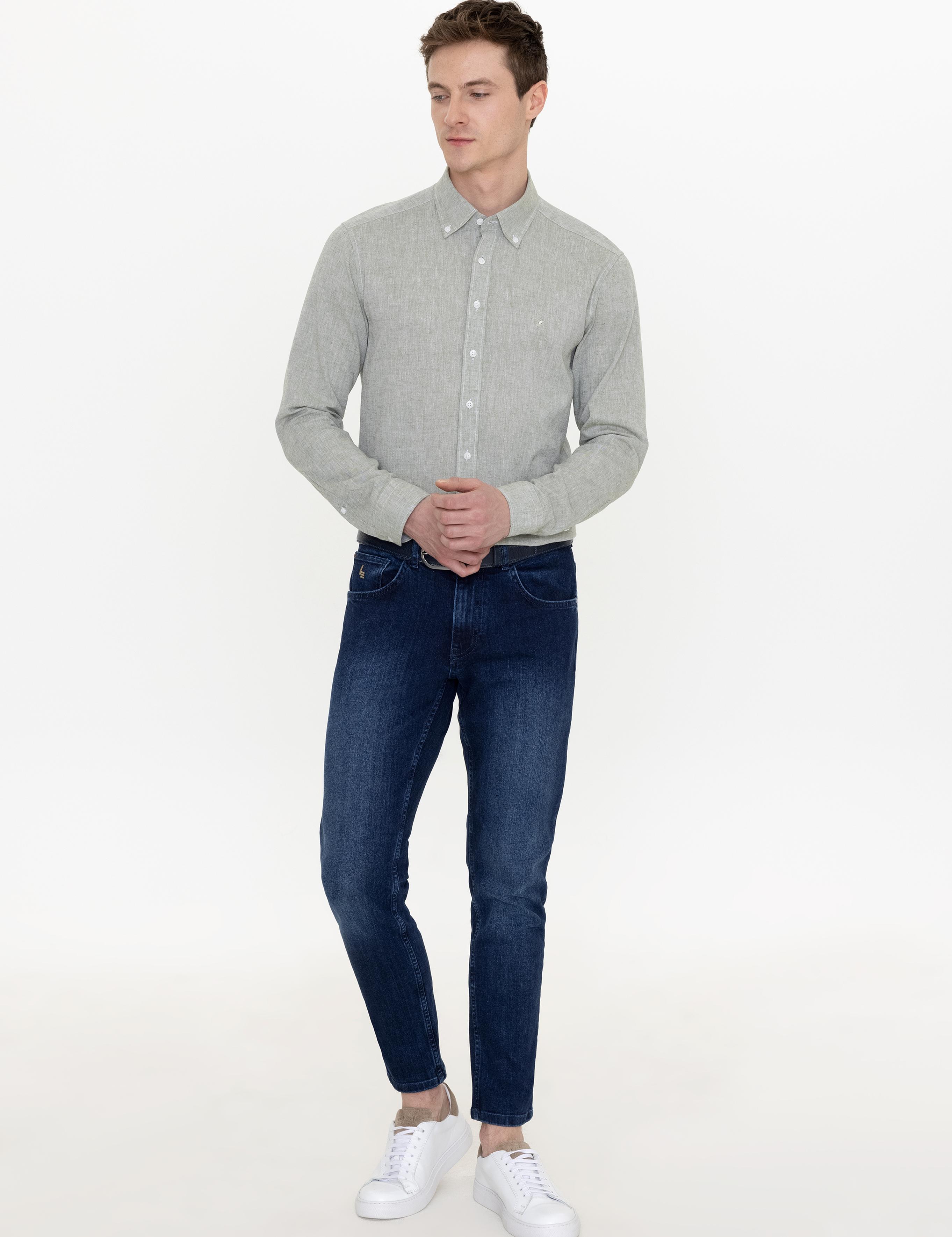 Haki Keten Karışımlı Slim Fit Uzun Kollu Gömlek - 50250813436