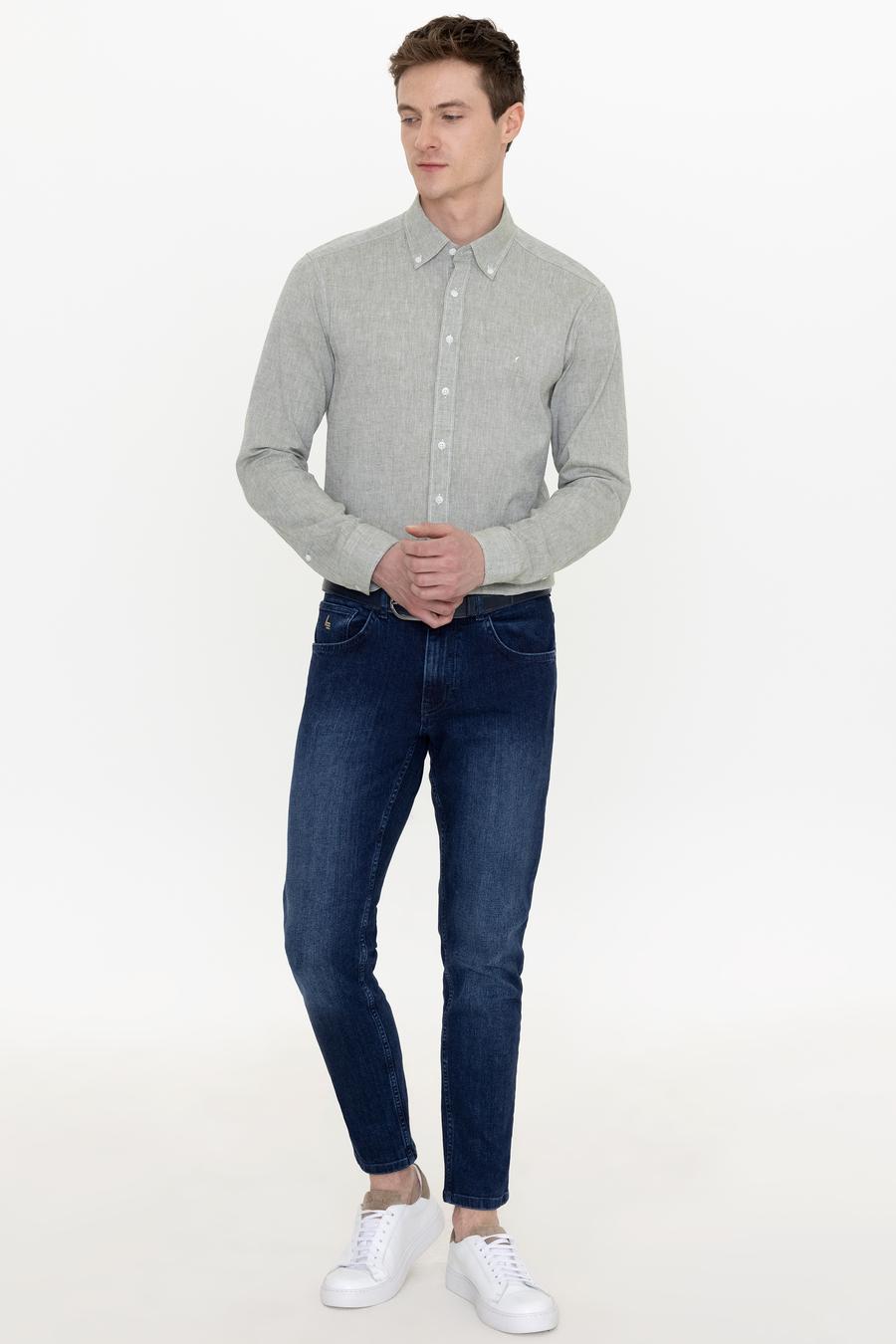 Haki Keten Karışımlı Slim Fit Uzun Kollu Gömlek - 50250813436