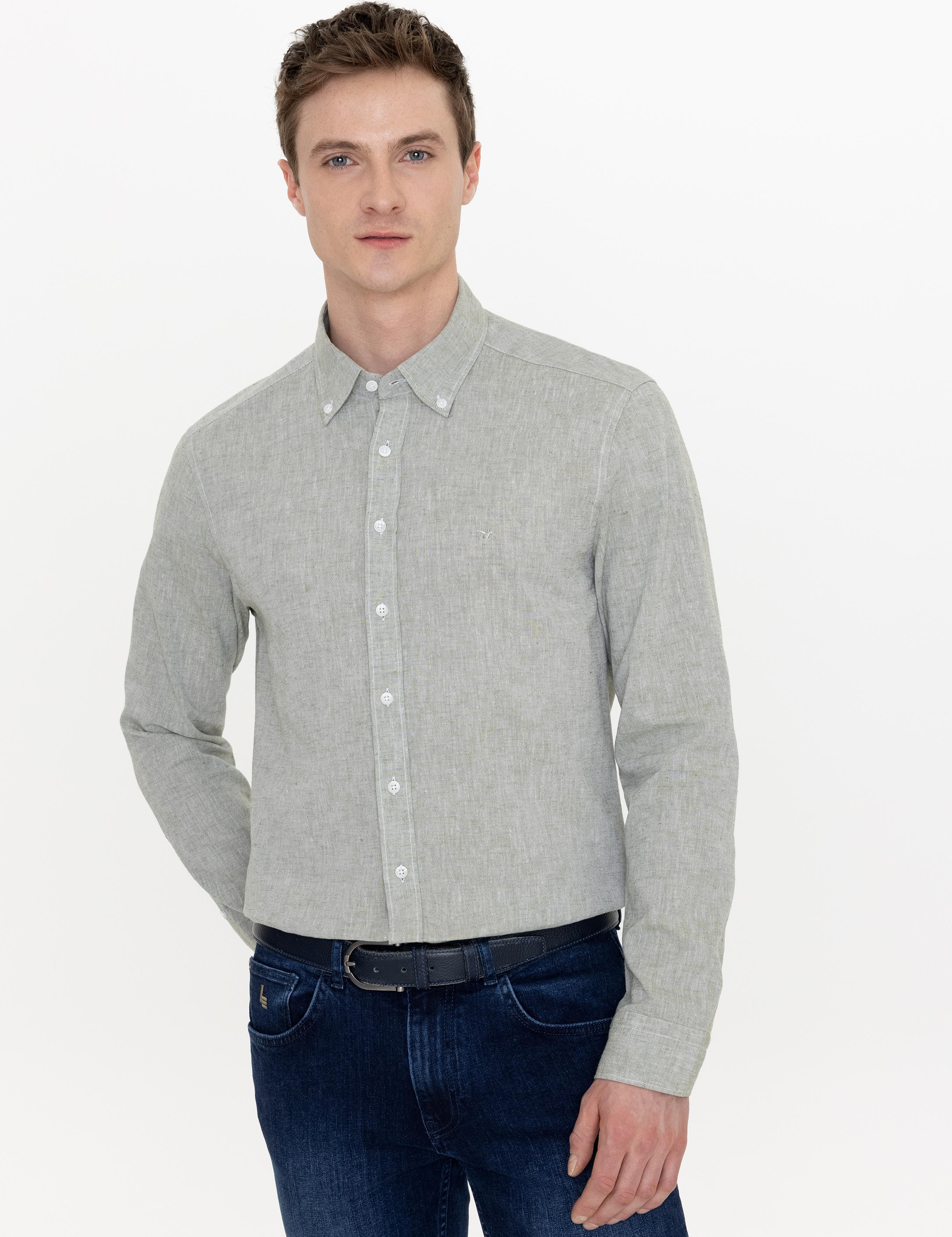 Haki Keten Karışımlı Slim Fit Uzun Kollu Gömlek - 50250813436