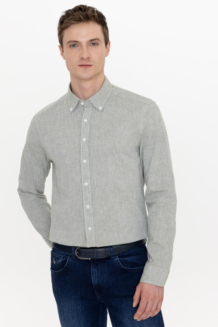 Haki Keten Karışımlı Slim Fit Uzun Kollu Gömlek - 50250813436