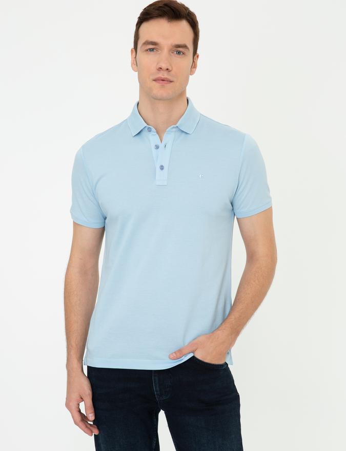 Buz Mavisi Polo Yaka Slim Fit Basic Merserize T-shirt