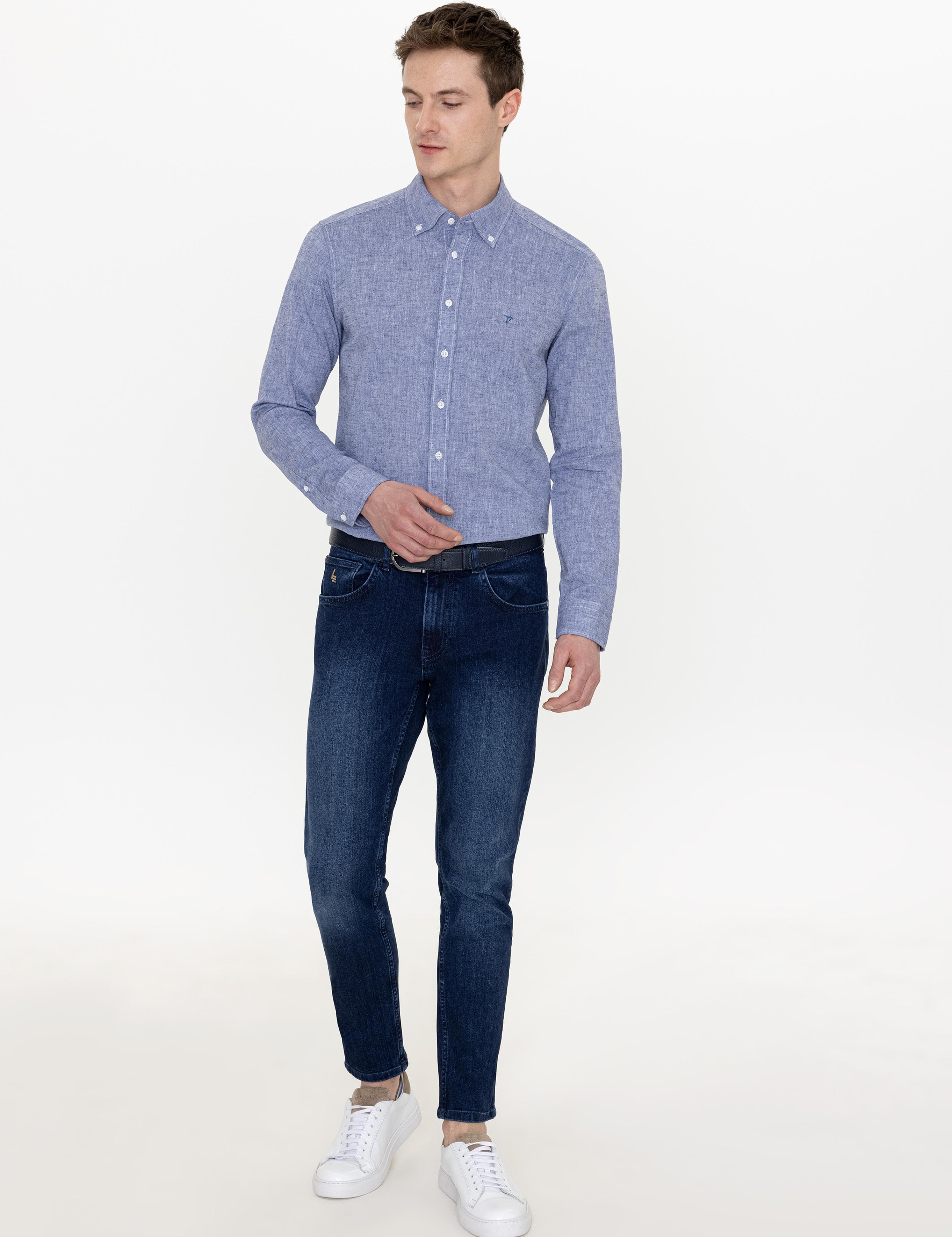 İndigo Keten Karışımlı Slim Fit Uzun Kollu Gömlek - 50250813453