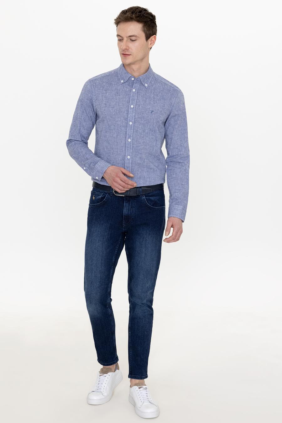 İndigo Keten Karışımlı Slim Fit Uzun Kollu Gömlek - 50250813453
