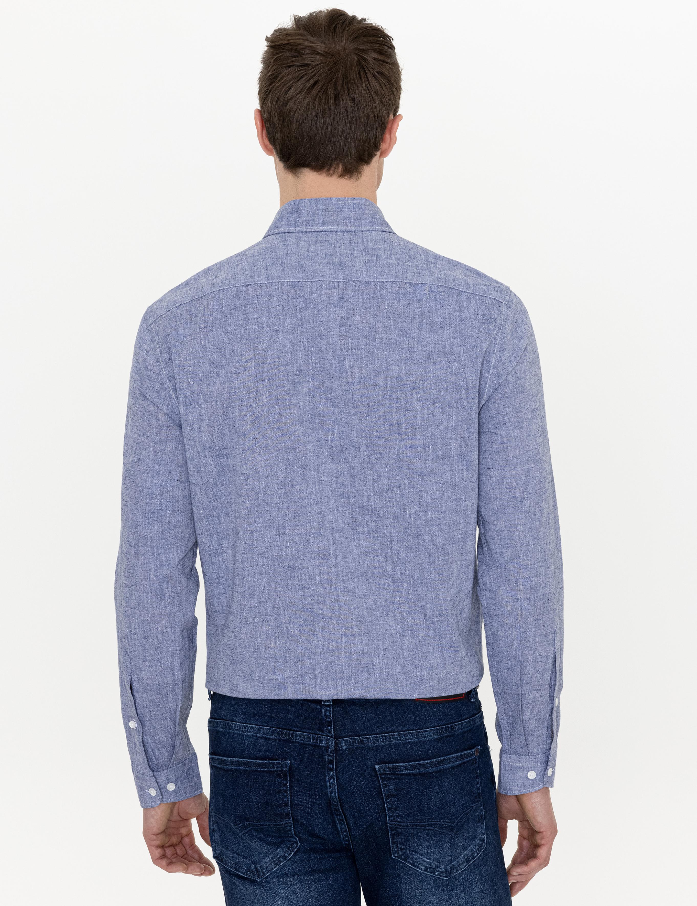 İndigo Keten Karışımlı Slim Fit Uzun Kollu Gömlek - 50250813453