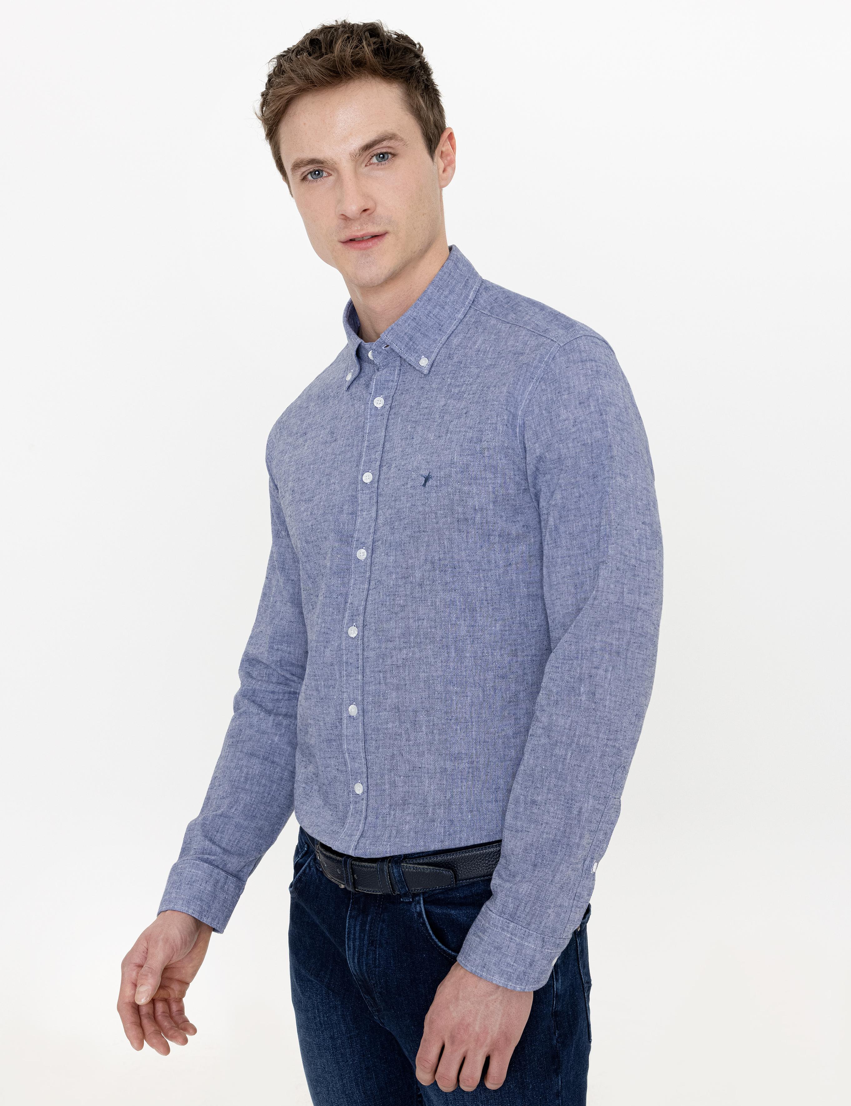 İndigo Keten Karışımlı Slim Fit Uzun Kollu Gömlek - 50250813453