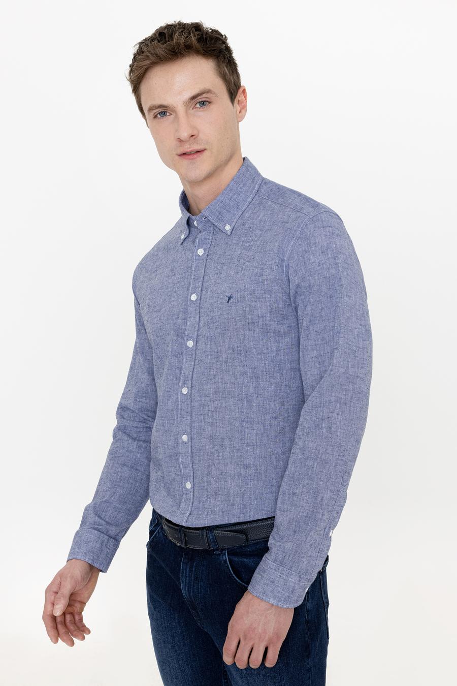 İndigo Keten Karışımlı Slim Fit Uzun Kollu Gömlek - 50250813453