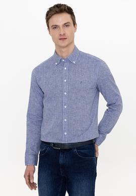 İndigo Keten Karışımlı Slim Fit Uzun Kollu Gömlek