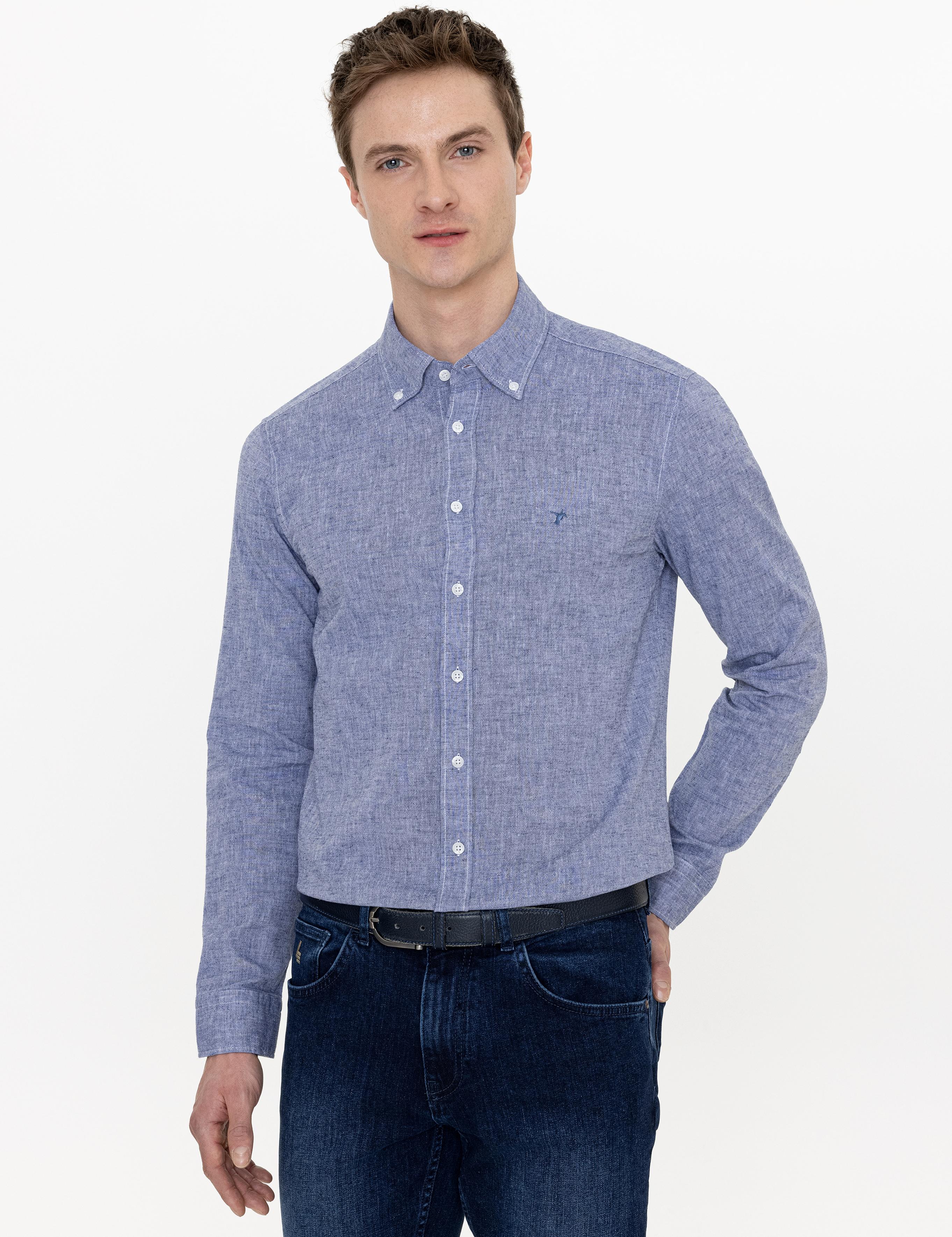İndigo Keten Karışımlı Slim Fit Uzun Kollu Gömlek - 50250813453